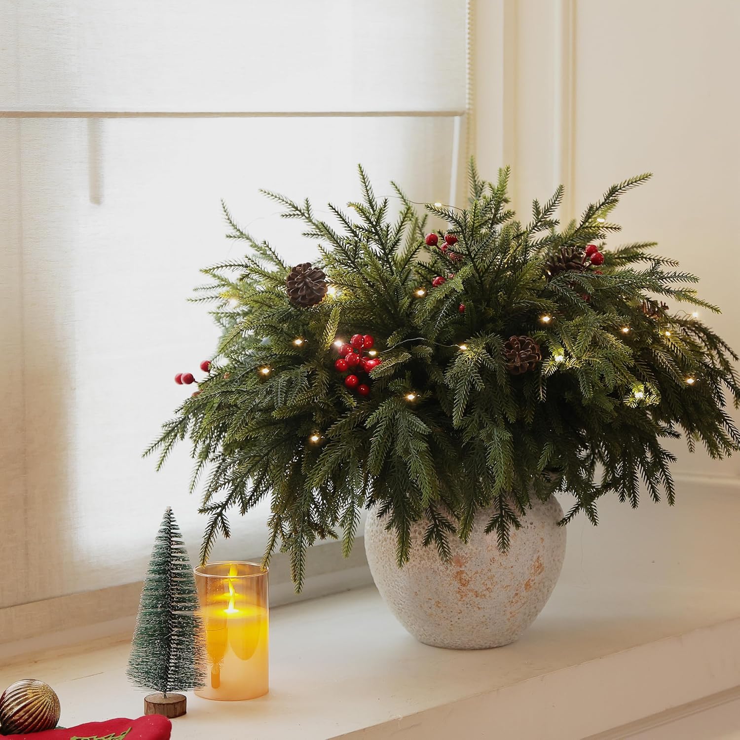 20-Piece Set 24" Artificial Norfolk Pine Branches - Christmas Decorations - Faux Christmas Greenary - Faux Norfolk Pine Stems for DIY Crafts Garland Wreath Home Decor- Free LED String Lights