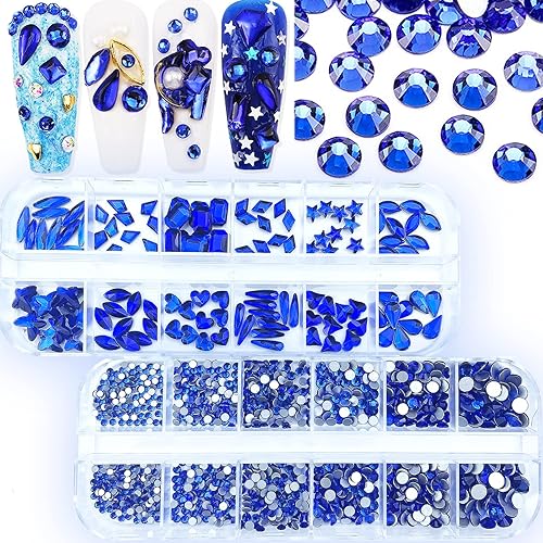 2120 diamantes de imitación para uñas, diamantes de imitación azules, cuentas redondas con parte trasera plana, piedras preciosas de cristal de