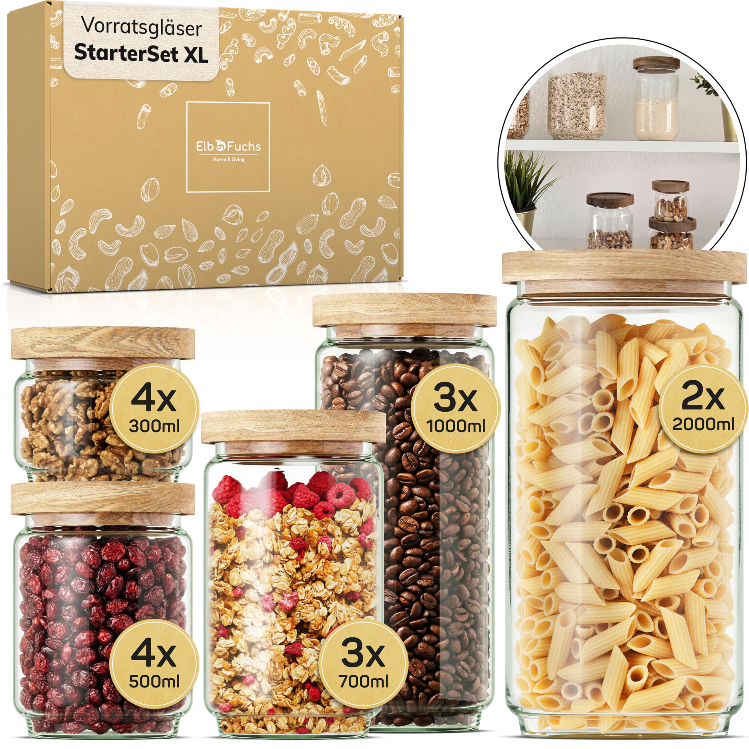 ElbFuchs® Vorratsgläser ECO Kombi-Set XL 16-teilig [BPA-FREI & MOTTENSICHER] Vorratsdosen luftdicht mit Holzdeckel | Aufbewahrungsgläser für Kaffee, Nudeln, Salz, Mehl, Tee & Müsli