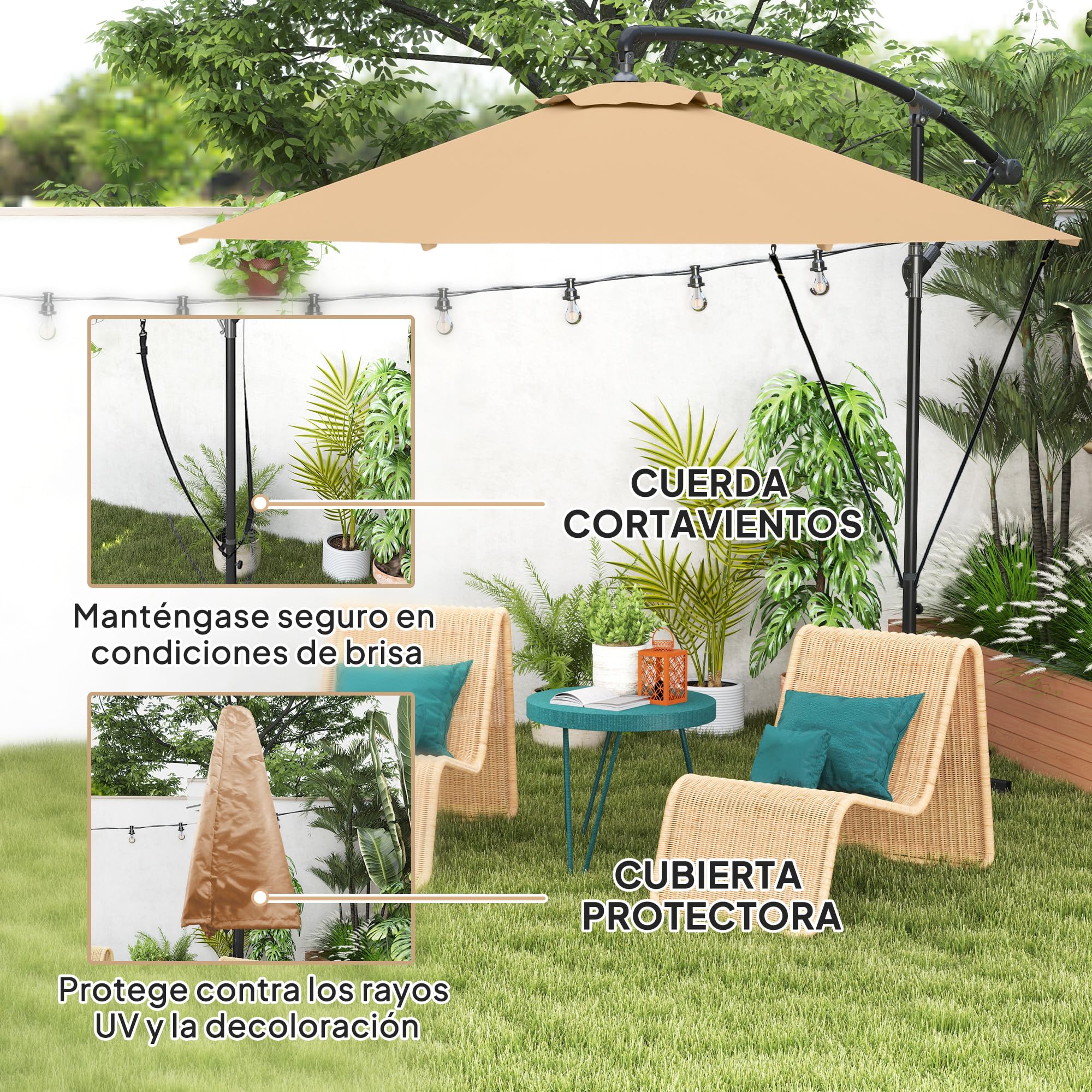 Outsunny Parasol Excéntrico Ø 290 cm Sombrilla de Jardín con Base Cruzada Toldo Giratorio 360° Manivela Funda Protectora y Cuerda de Viento Anti-UV 50+ para Terraza Patio