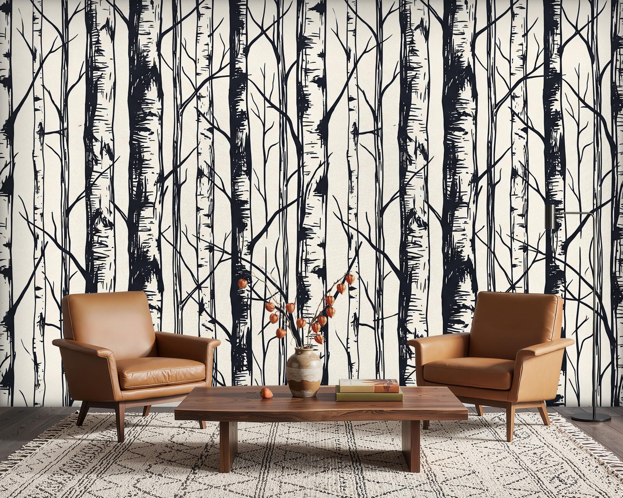 PaxGloz Black and Beige Birch Forest Wall Mural, Woodland Monochrome Wallpaper for Living Room & Bedroom Lounge, Non-Woven Decorative Wall Art 416x254 cm