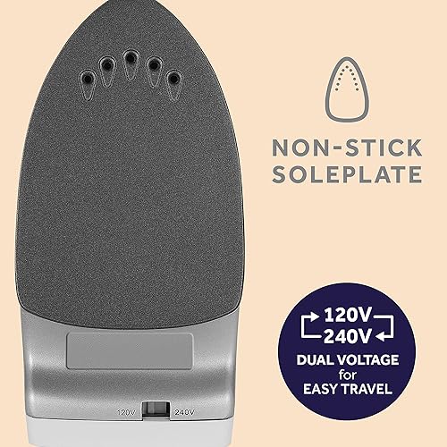 Vista 7 de Sunbeam Plancha de vapor de viaje, 1080 vatios, doble voltaje 120/240, tamaño compacto, portátil, suela antiadherente, mango suave al tacto, uso