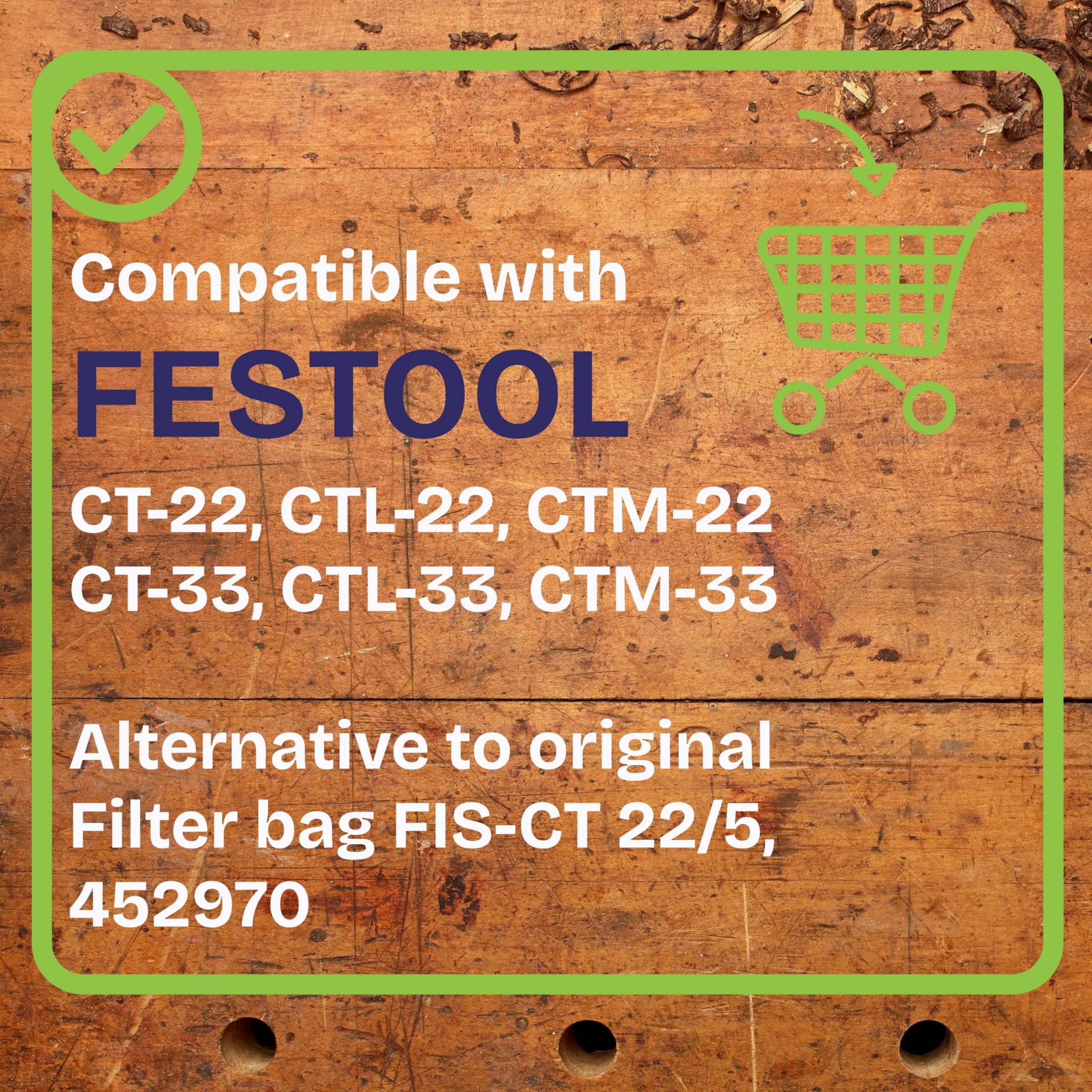20 Filtersäcke für Festool Staubsauger CT/CTL/CTM 22 & CT/CTL/CTM 33, alternativ zu original Filtersack FIS-CT 22/5, 452970