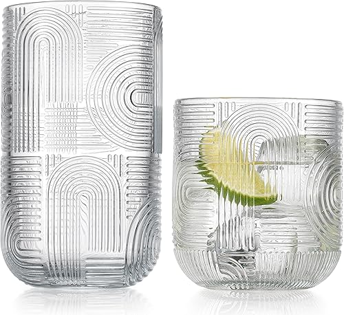 Miniatura 11 de Glaver's Juego de 4 vasos de whisky con diseño doble Old Fashioned de 13 oz. con grabado en rosa Art Deco de nueva generación, cristalería moderna