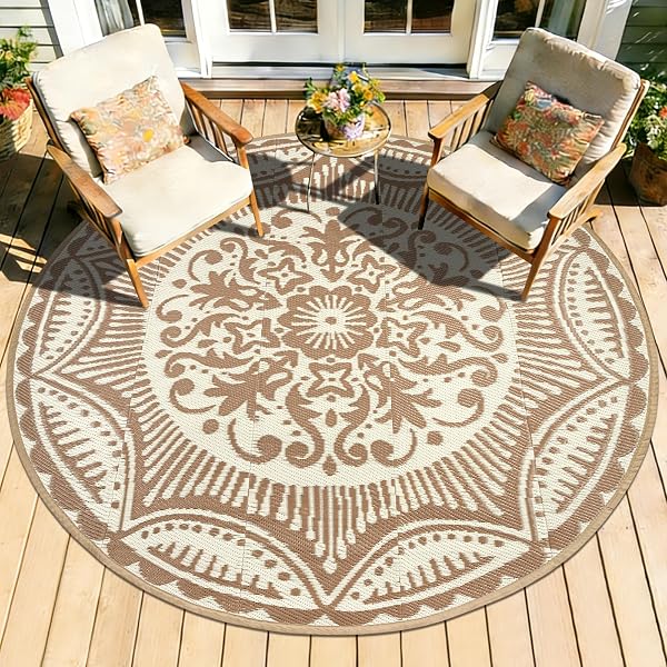 Capslpad Tapis d'extérieur rond - Diamètre : 150 cm - En plastique - Léger - Pour balcon, pique-nique, camping, jardin - Beige - 1