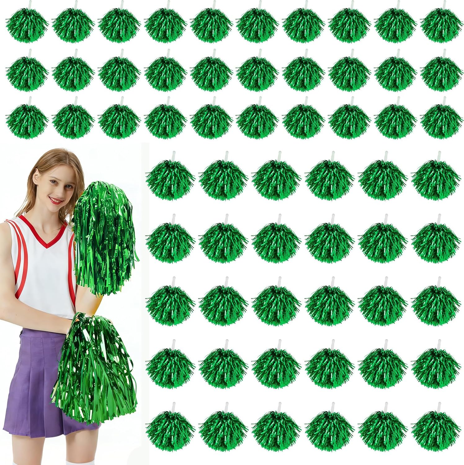 60/100PCS Pom Poms Cheerleading Metallic Foil Cheer Pom Poms with Plastic Handles, Cheerleader Pom Poms for Cheering Squad Team Spirited Sports Game Dance Party