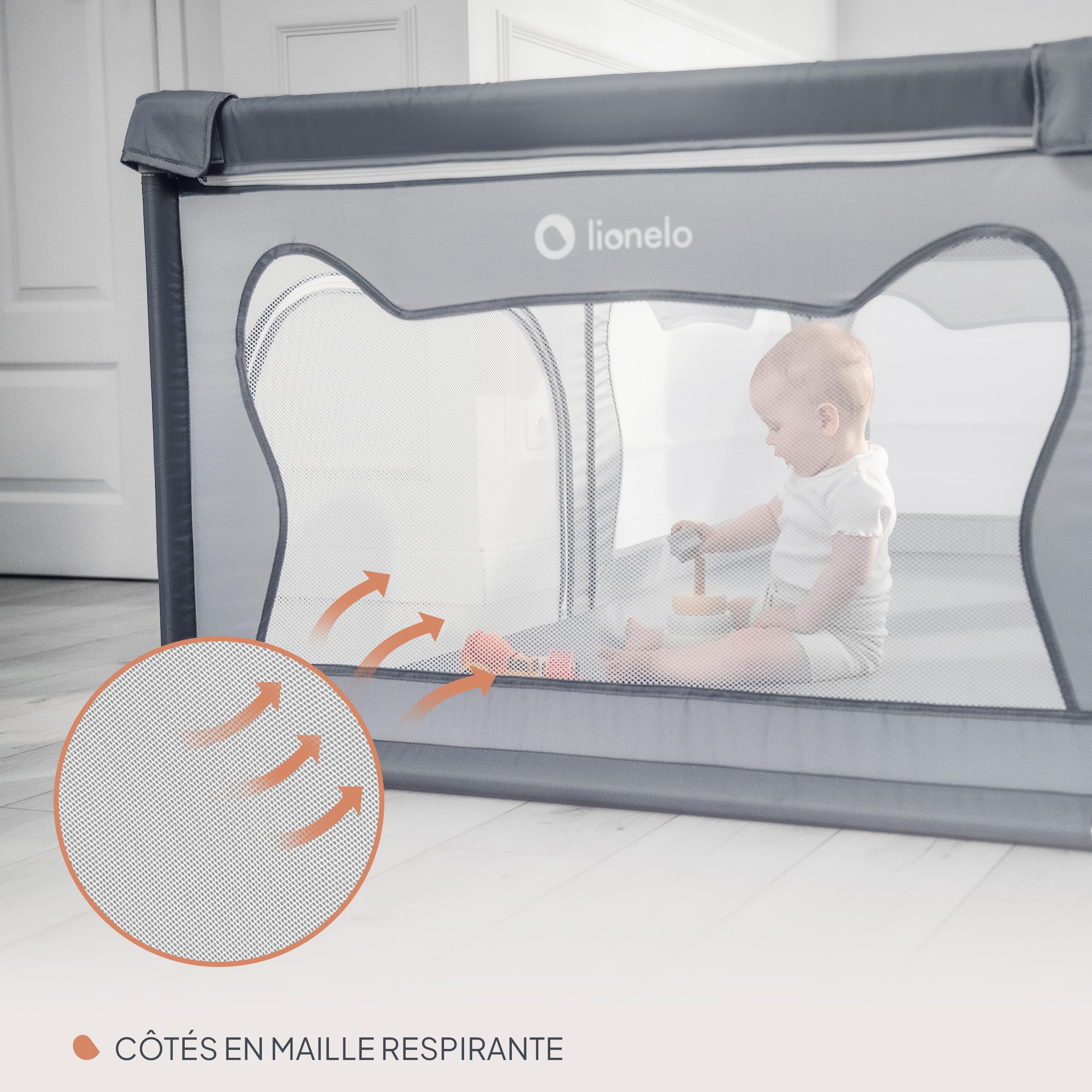 LIONELO WILLOW Parc pliant pour bébé, de 0 à 48 mois, grand espace 120 cm x 180 cm x 68 cm, parc pour bébé avec filet respirant, 2 entrées latérales zippées (Grey)