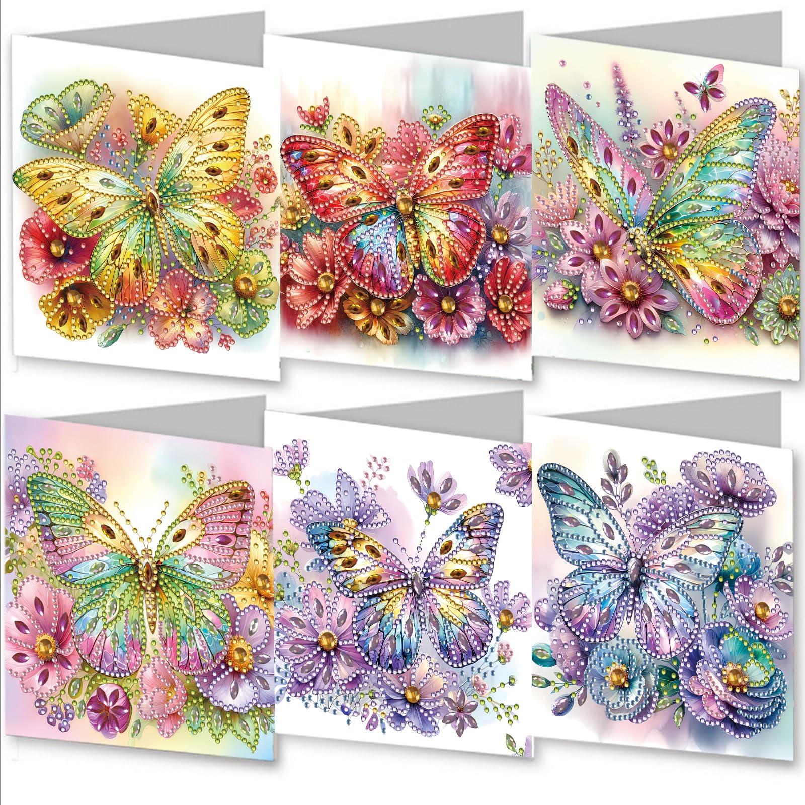 WOWDECOR Diamond Art Greeting Cards Kit Butterfly Flower Decorative, Pack of 6 DIY Diamond Painting Cards Sets, 5D Diamond Art Best Wishes Cards with Envelopes, Postcards for Handmade