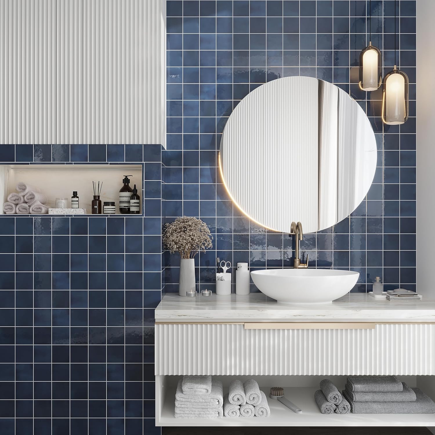 Ceramic Pencil Tile Trim, 10 Pack — 0.3 Sq Ft/Case. Glossy Navy Blue 0.5" x 7.9" Edge Molding for Kitchen Backsplash Shower Wall Niche and Feature Borders
