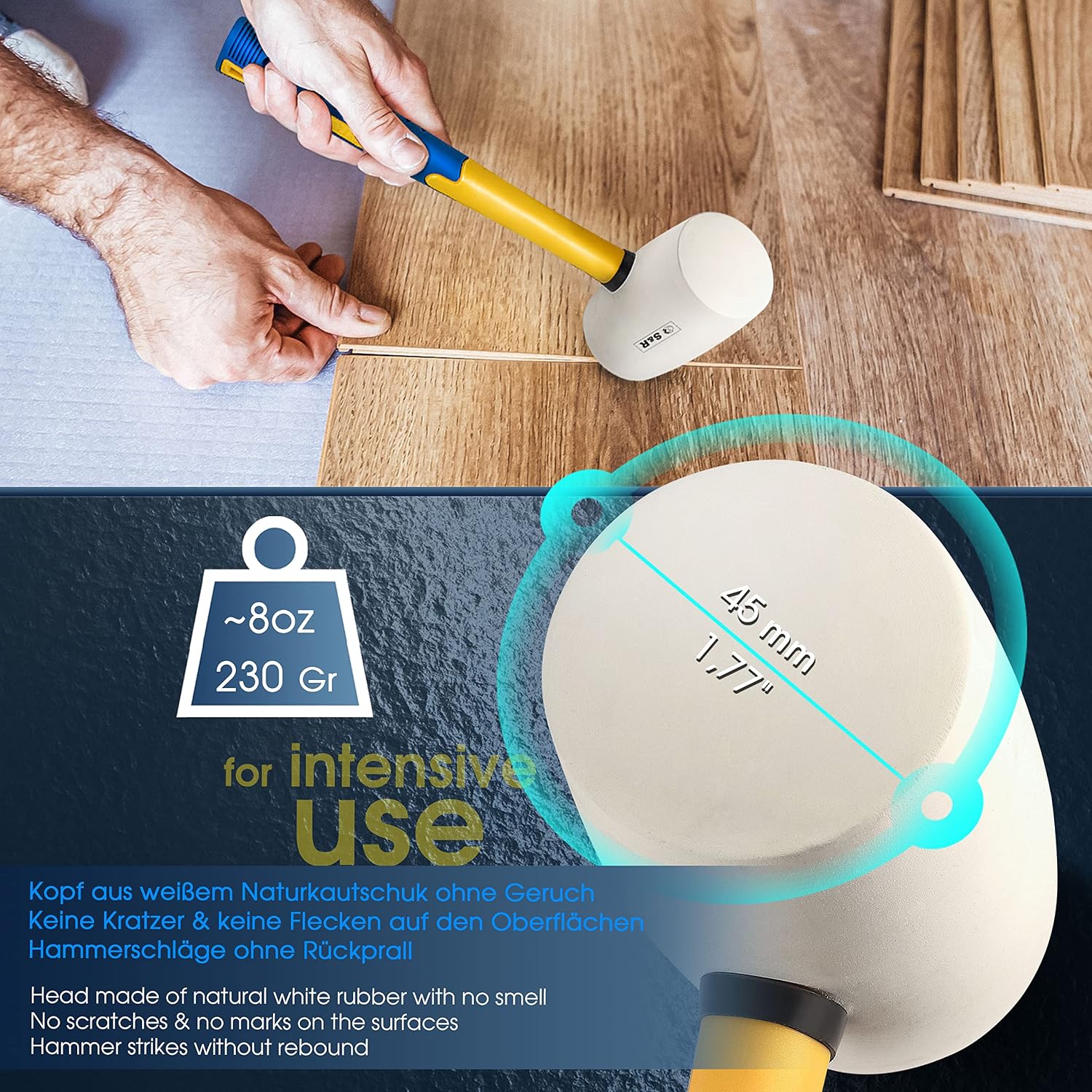 S&R Rubber mallet white~8oz - 230 g, 1,77" - 45 mm diameter, with fiberglass handle