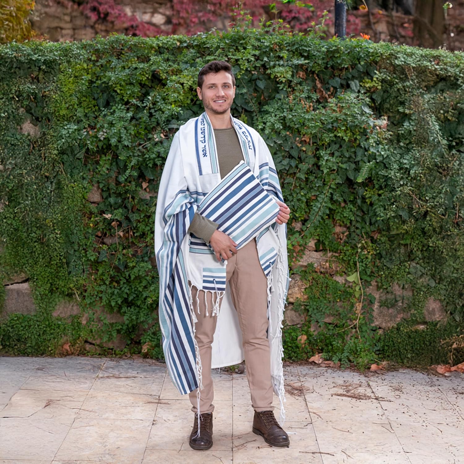 EMANUEL Yair Tallit Prayer Shawl Set | Luxurious Classic Stripe Embroidery with Blessing on Atara