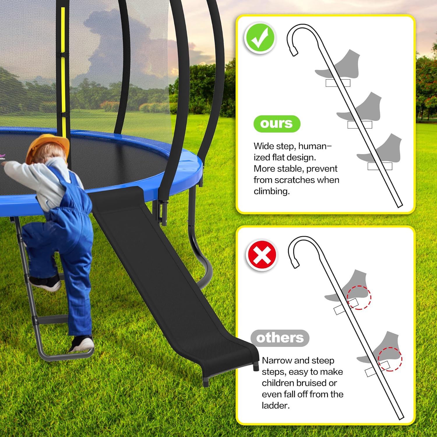 Trampoline Ladder and Slide Kit - Universal 3 Steps Stair Slide with Buffer, Easy to Climb Trampoline Accessories for Kids, Replacement Parts & Attachmentfor 10 12 14 15ft Trampolines （Black）