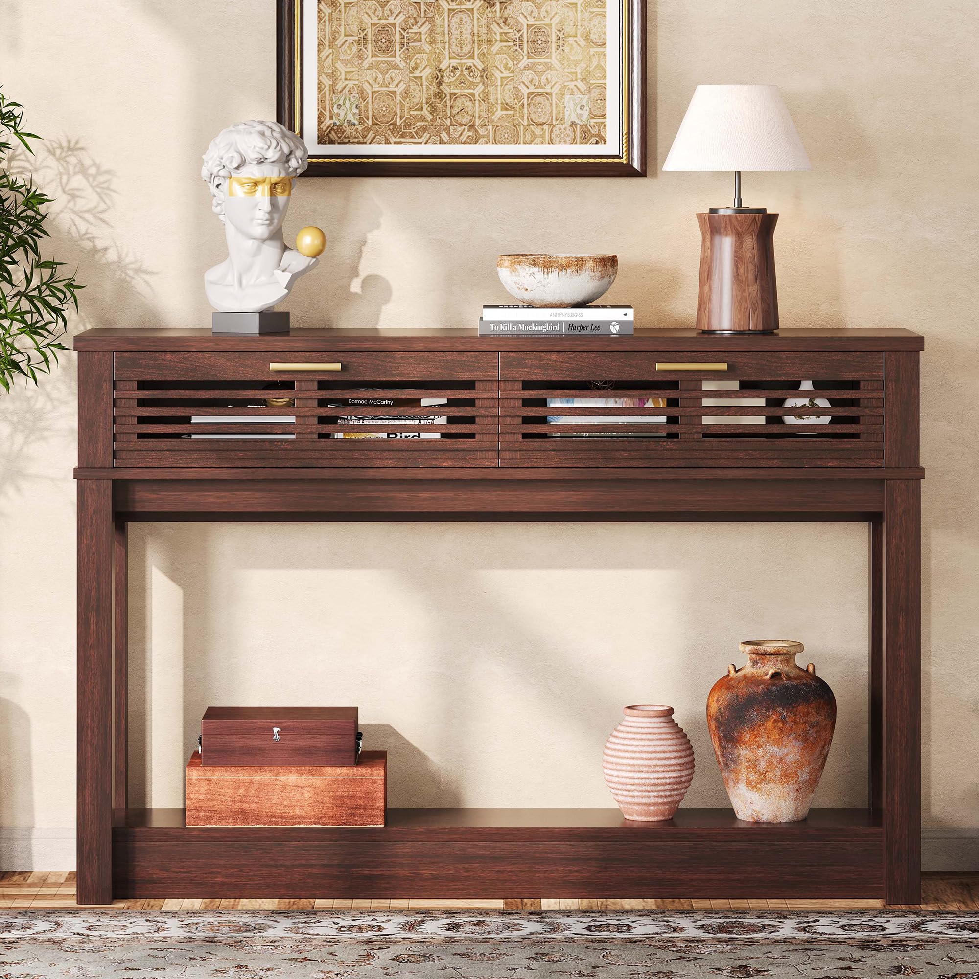 IRONCK Entryway Table, 47" Console Table with Drawer for Living Room, Wooden Sofa Table with Storage, Mid Century Modern, Red Walnut