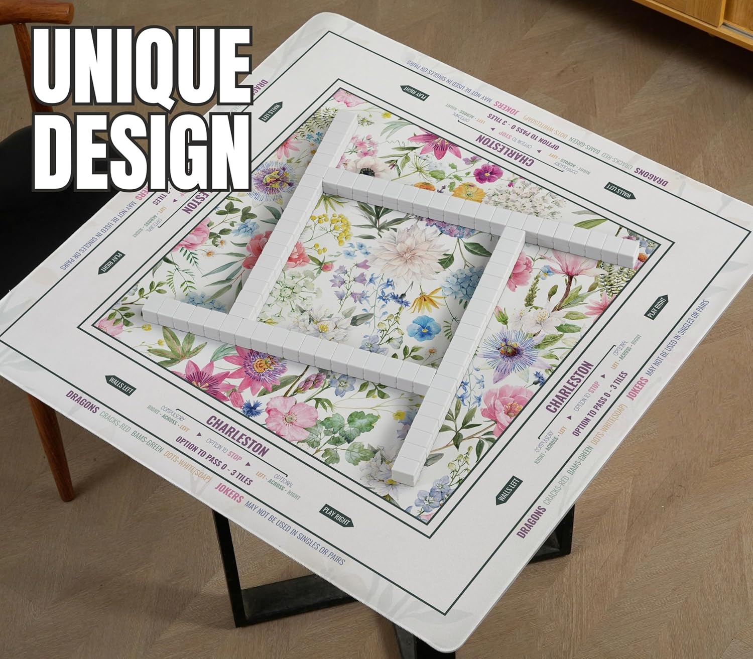 Mahjong Mat (33"x33") - Non-Slip Noise Reduction Gaming Mat for American Mahjong - Flower-Carnation-12