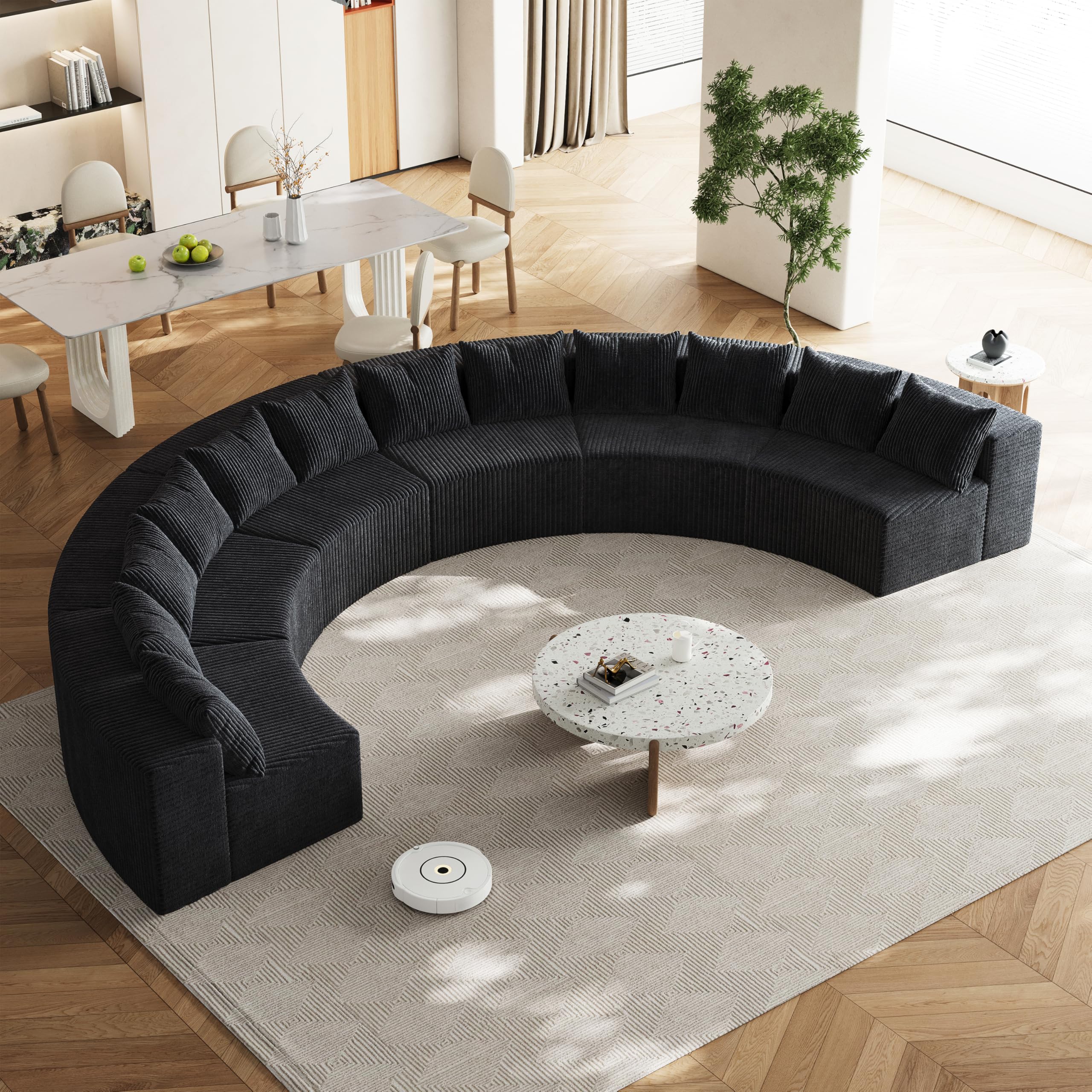 KEIKI Corduroy Curved Sectional Sofa, 6 Seater Symmetrical Modular Semi Circular Couch, Deep Seat Tufted Corner Sofa for Living Room, Lobby, Black