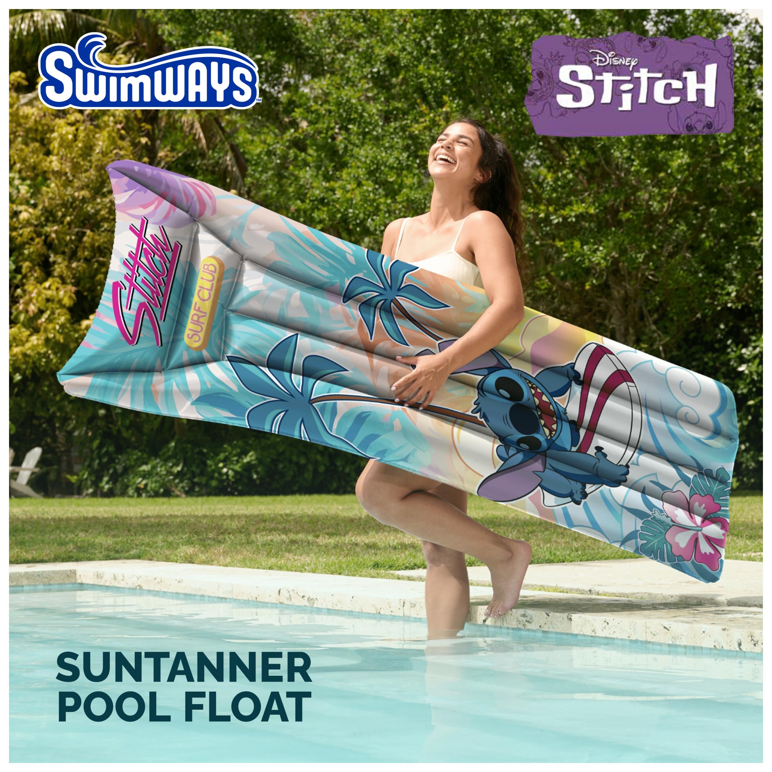 Swimways Stitch Suntanner - Flotador inflable para piscina y juguetes de piscina para niños, accesorios de piscina y artículos esenciales de playa para adolescentes de 14 años en adelante