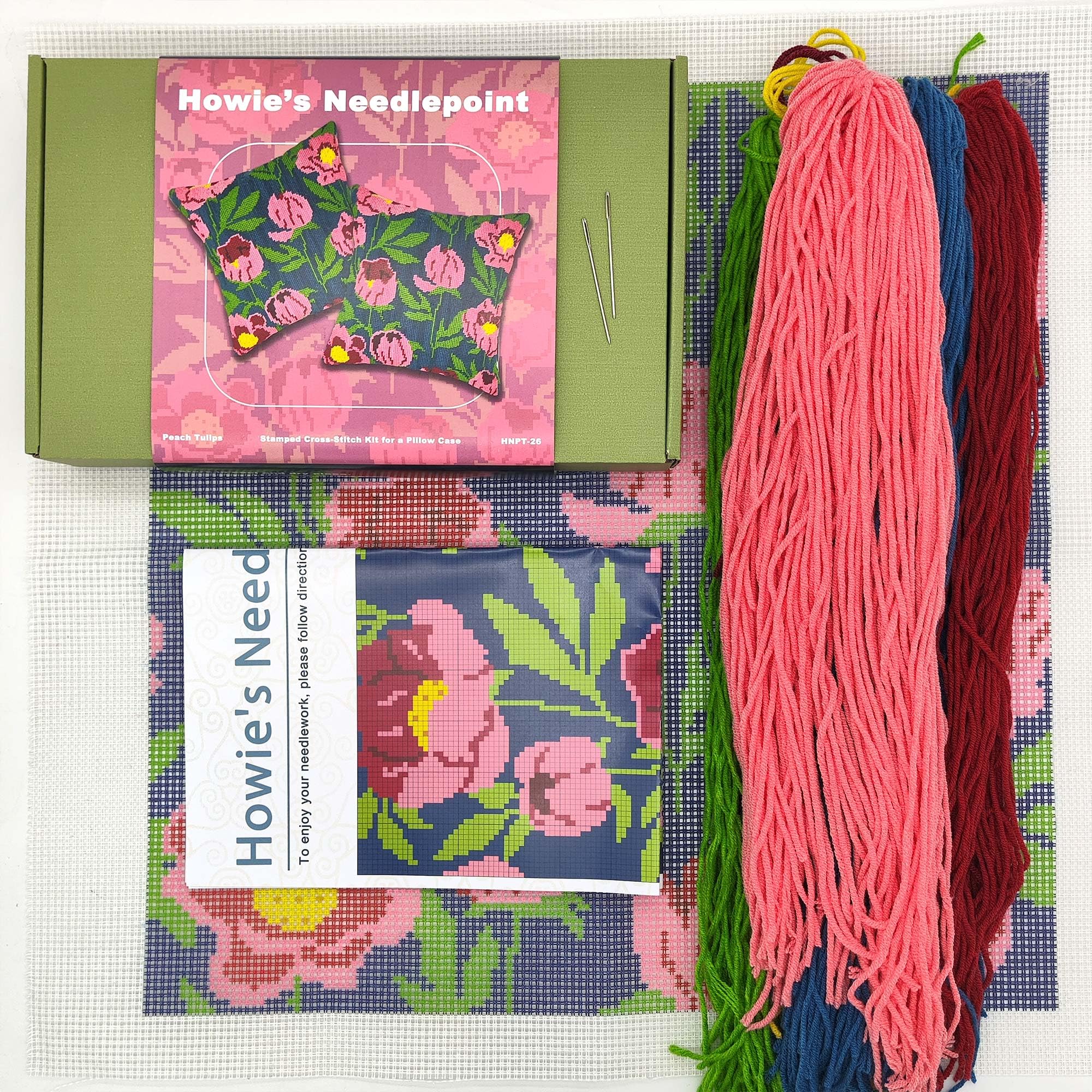 Howie's Needlepoint Needlepoint Kits for Adults, Pillow Front Cross Stitch Kit with Embroidery Pattern on Canvas, Yarn, 2 Needles and Instruction, 16 x 16inch(Peach Tulips)