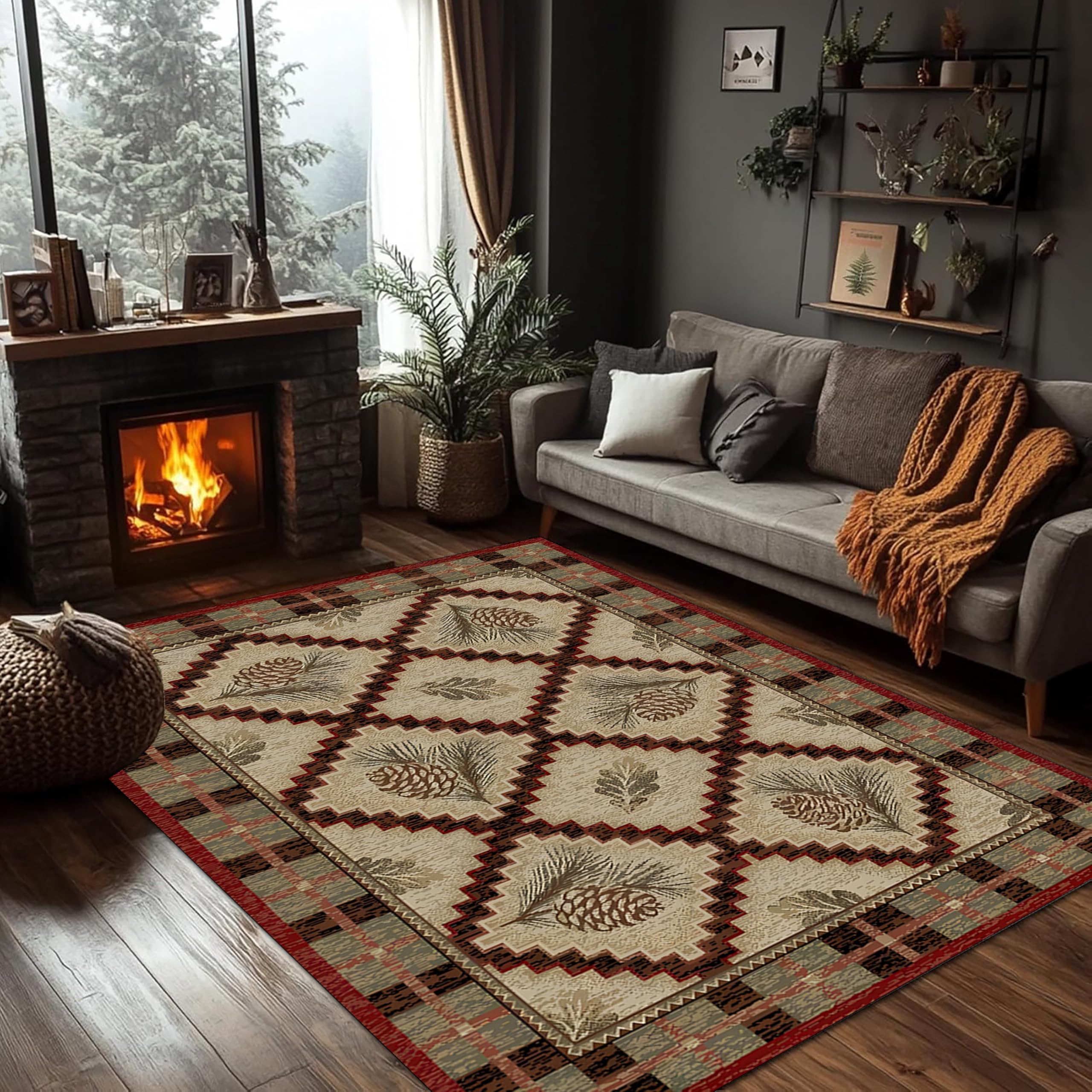 PDENZG Rustic Farmhouse Carpet, 80x150cm,Woodland Pine Cone Maple Geometry Border Rugs,Non-Shedding Brown Red Buffalo Plaid Rug,for Bedroom, Living Room, Dining Room Country Cabin Floor Mat.