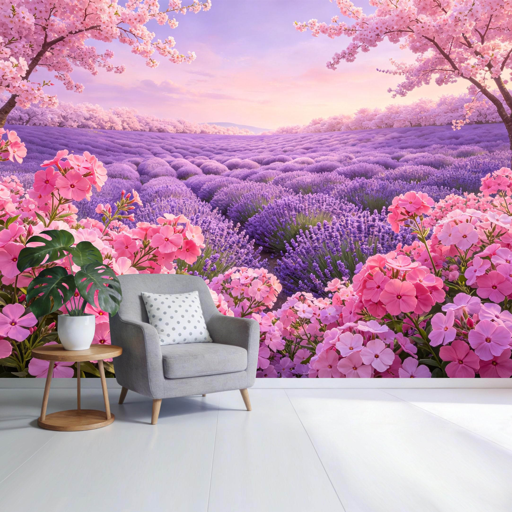 Custom Size Wall Mural Lavender Field with Cherry Blossom Trees Sunset Landscape Botanical Watercolor Style SelfAdhesive Wall Fabric Removable Wallpaper for Home Office Decor