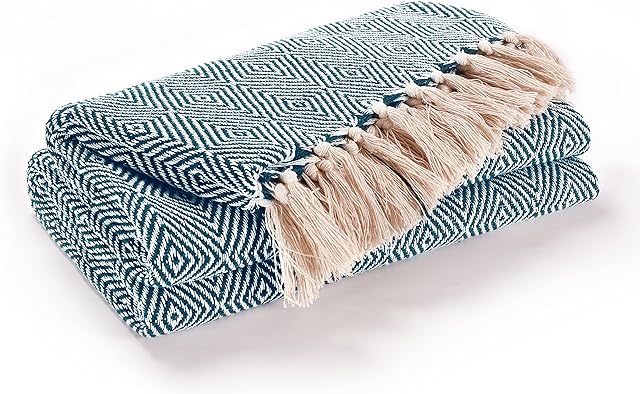 EHC Luxury Reversible Super Soft Cotton Diamond Large Throw For Sofa, Double Bed, Armchair - Peacock, 150 x 200 cm