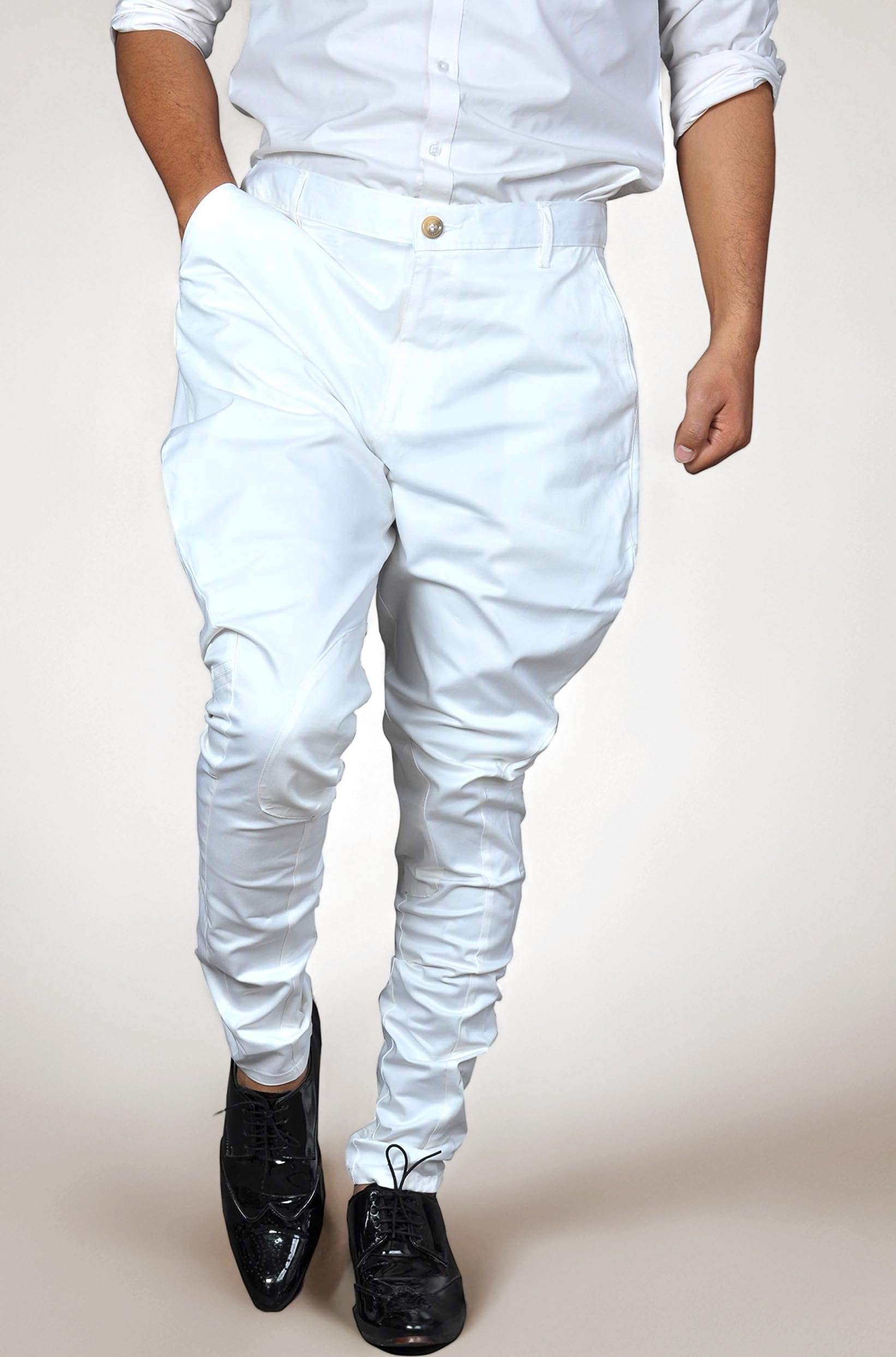 Jodhpur Breeches with KNEEPATCH for Men | Polo Pants | Fashion Wear Balloon Pants | Ethnic Trousers (White Breeches with White Knee Patch)