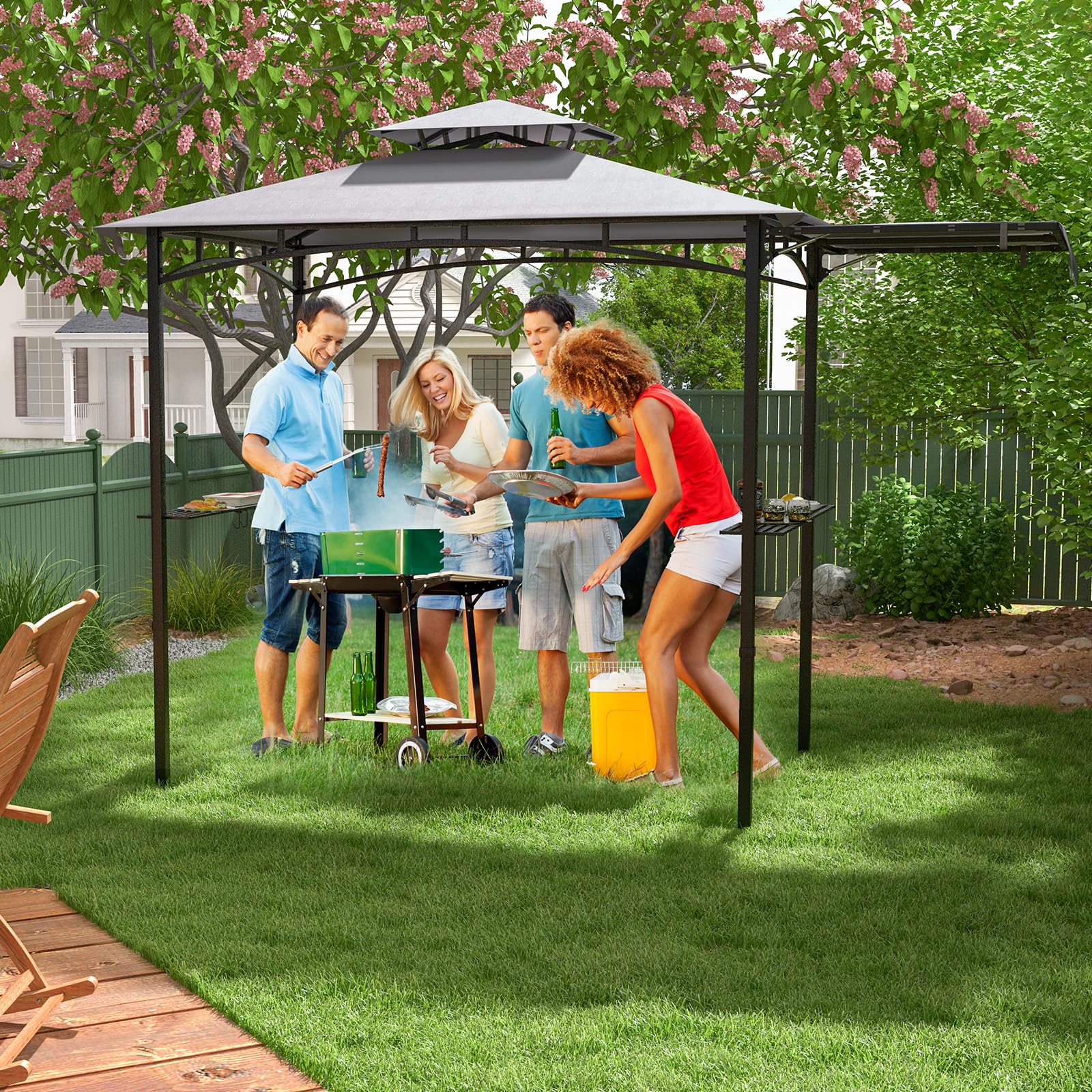 COSTWAY Cenador de Barbacoa 318 X 153 Cm, Techo Lateral, Carpa Barbacoa 2 Estantes Laterales y Parte Superior de 2 Niveles, Estructura Metal, Pergolas de Jardin Exterior (Gris)