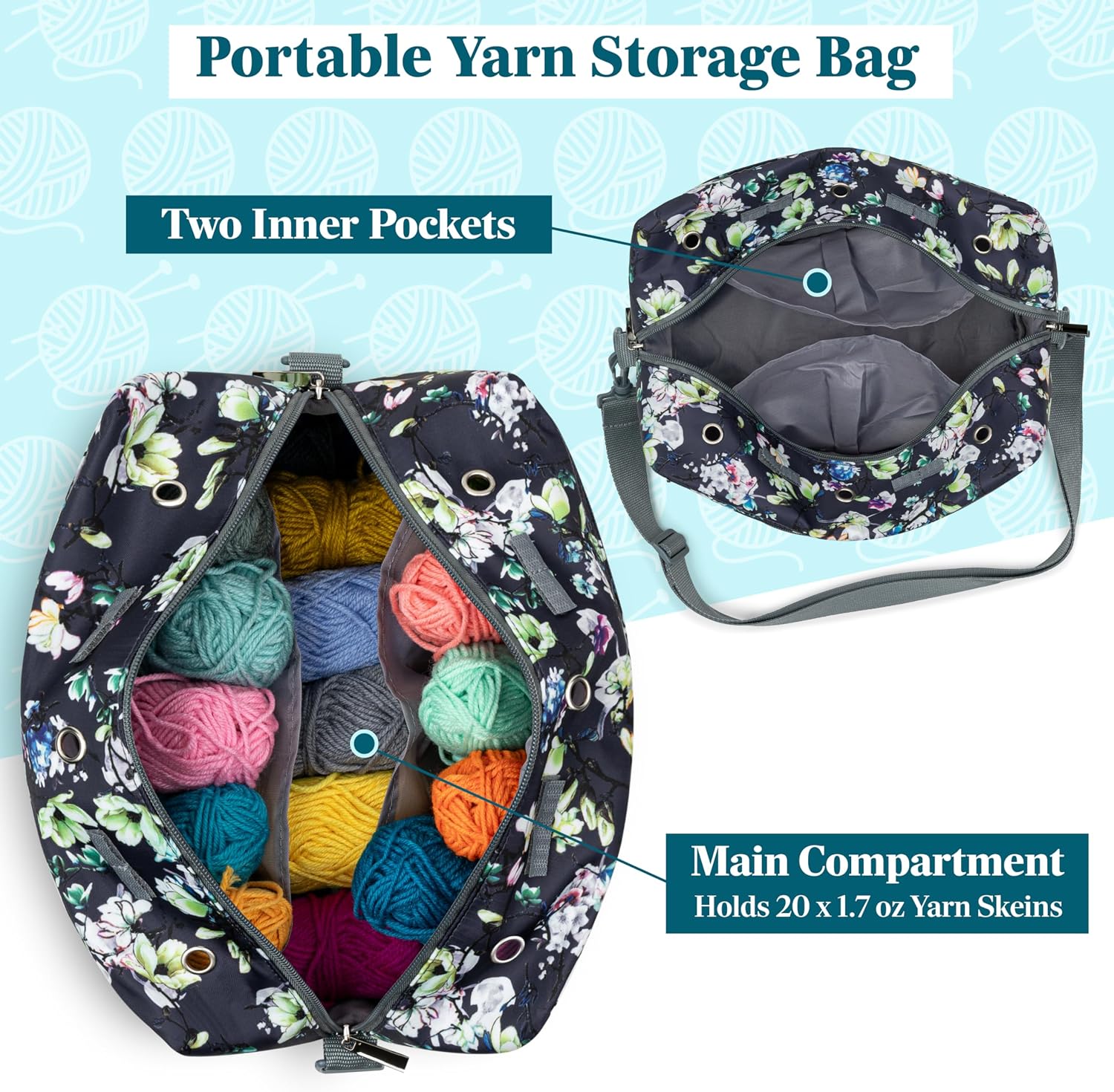 Pavilia Yarn Bag - Knitting & Crochet Bag Organizer, Grey Floral