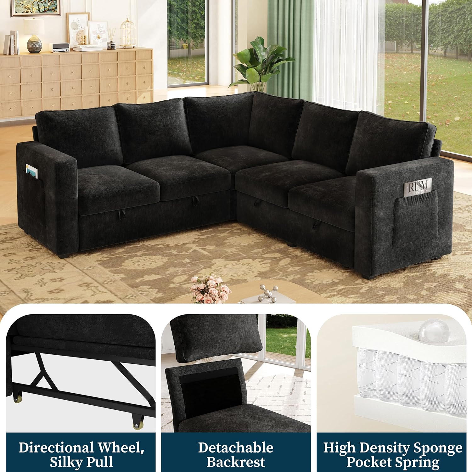 83.5" Sectional Sleeper Sofa with Pull Out Couch, Modern 5 Seat L Shaped Modular Couch, Sectionals Modular Sofa with Storage, Comfy Sectional Couches for Living Room & Apartment, Black