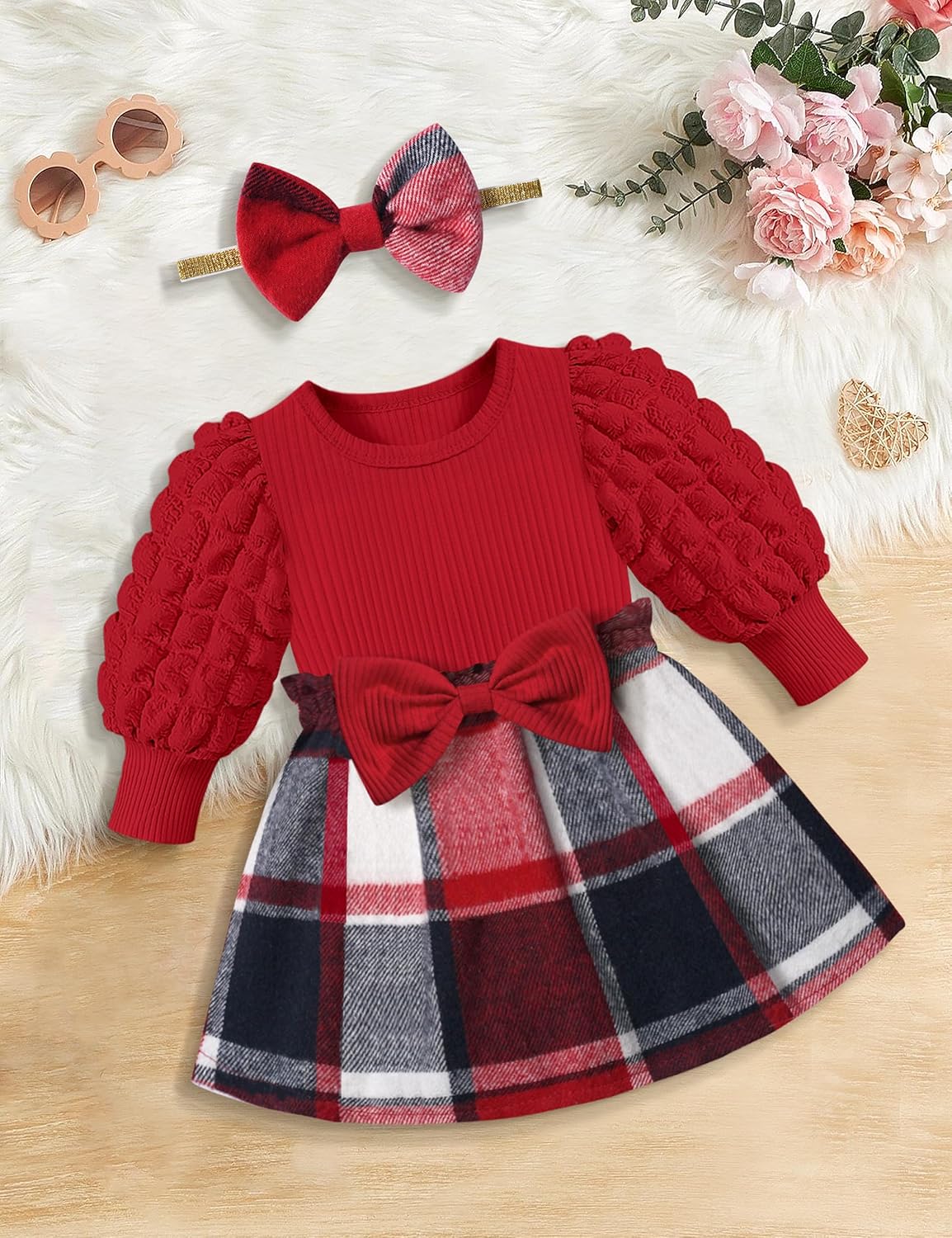 Qaoerde Baby Girl Dress Puff Sleeve Plaid Dress Ribbed Newborn Dress Clothes Fall Winter Outfits with Bowknot Headband - Image 4