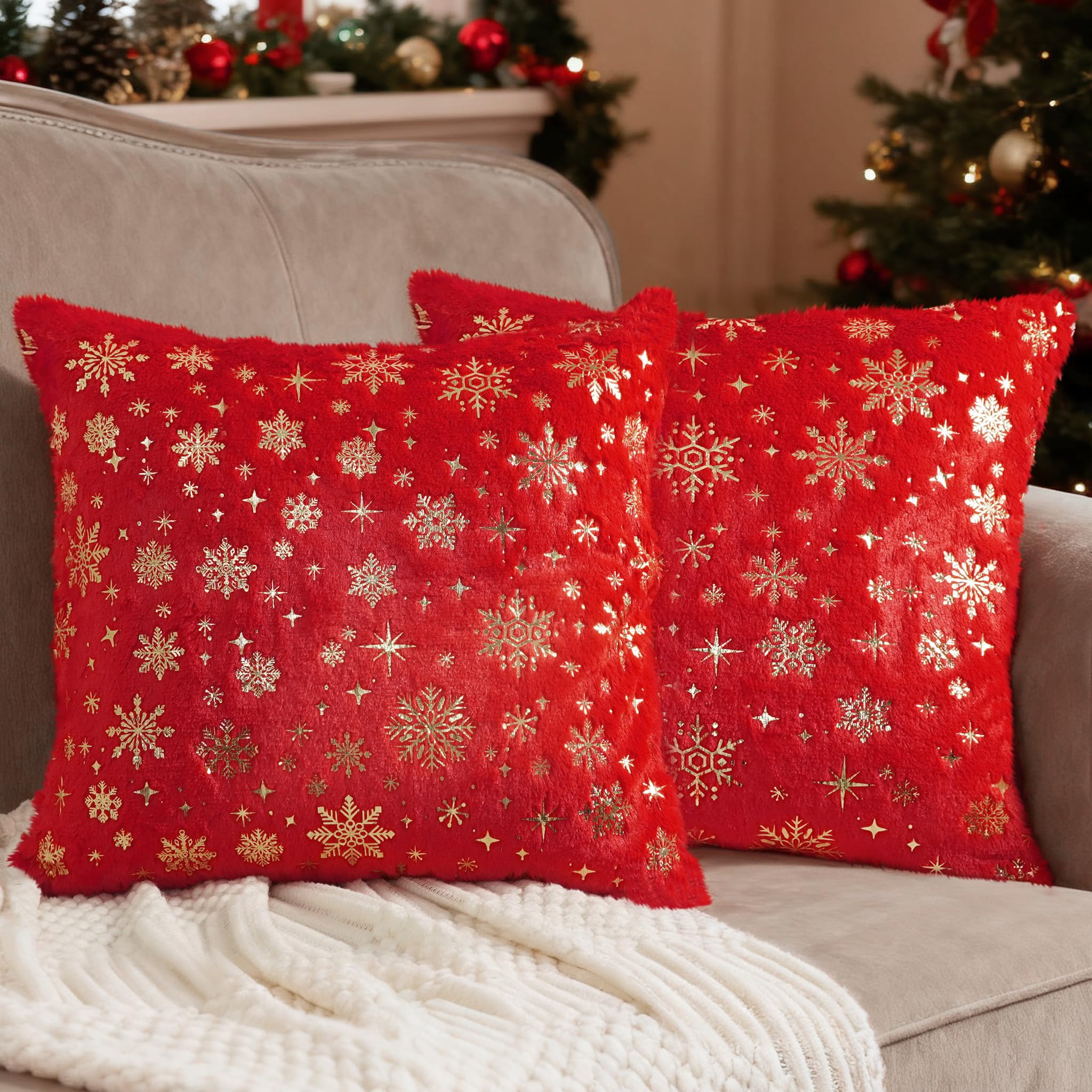 Miaikoe Christmas Cushion Covers 50x50 cm, Decorative Glitter Printed Snowflakes Pillow Covers Cushion Case Set of 2 for Holiday Christmas Decor Sofa Couch Red — image 1