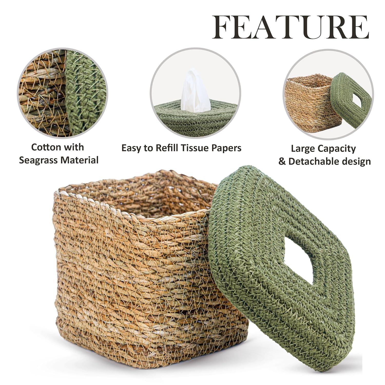 DENOVA Seagrass Tissue Box Holder, Handcrafted Tissue Container for 100 Pulls Paper Towel Dispenser for Office Living Bedroom Car Desk Dining Table Home Decor Organizer (Olive) offers donot miss