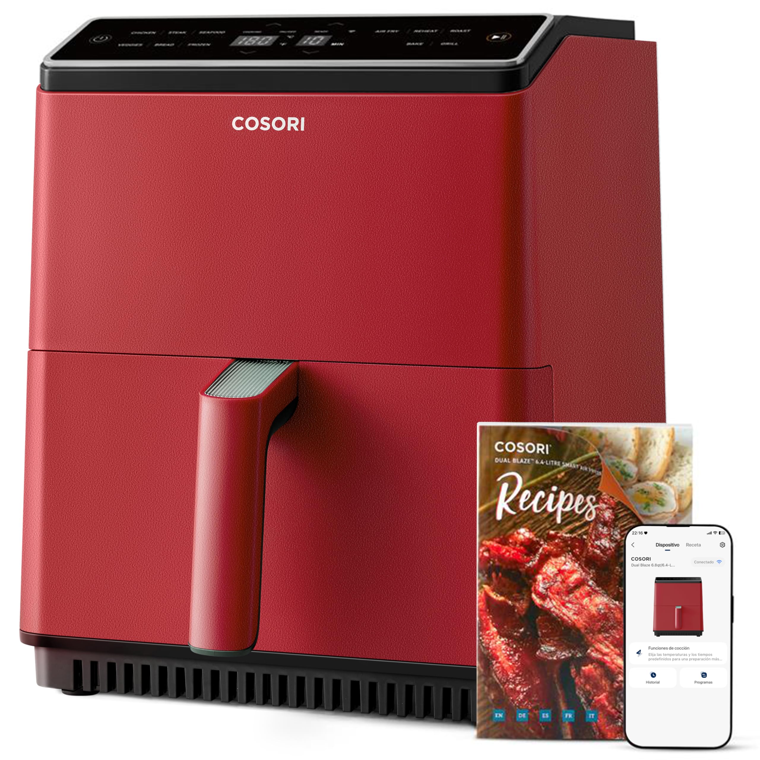 Cosori Dual Blaze Freidora de Aire, Air Fryer WIFI 6,4L, 11 en 1, Freidora sin Aceite, Más de 90 Recetas en la App Creadas por Chef en Español, Roja, con Doble Resistencia,CAF-P585S
