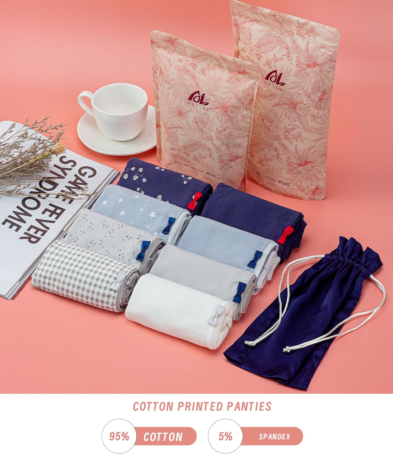 ANLIQI Women's Organic Cotton Underwear Pack Mid Rise Cotton Bikini Panties Soft Strench Breathable Ladies Hipster Undies - Image 3