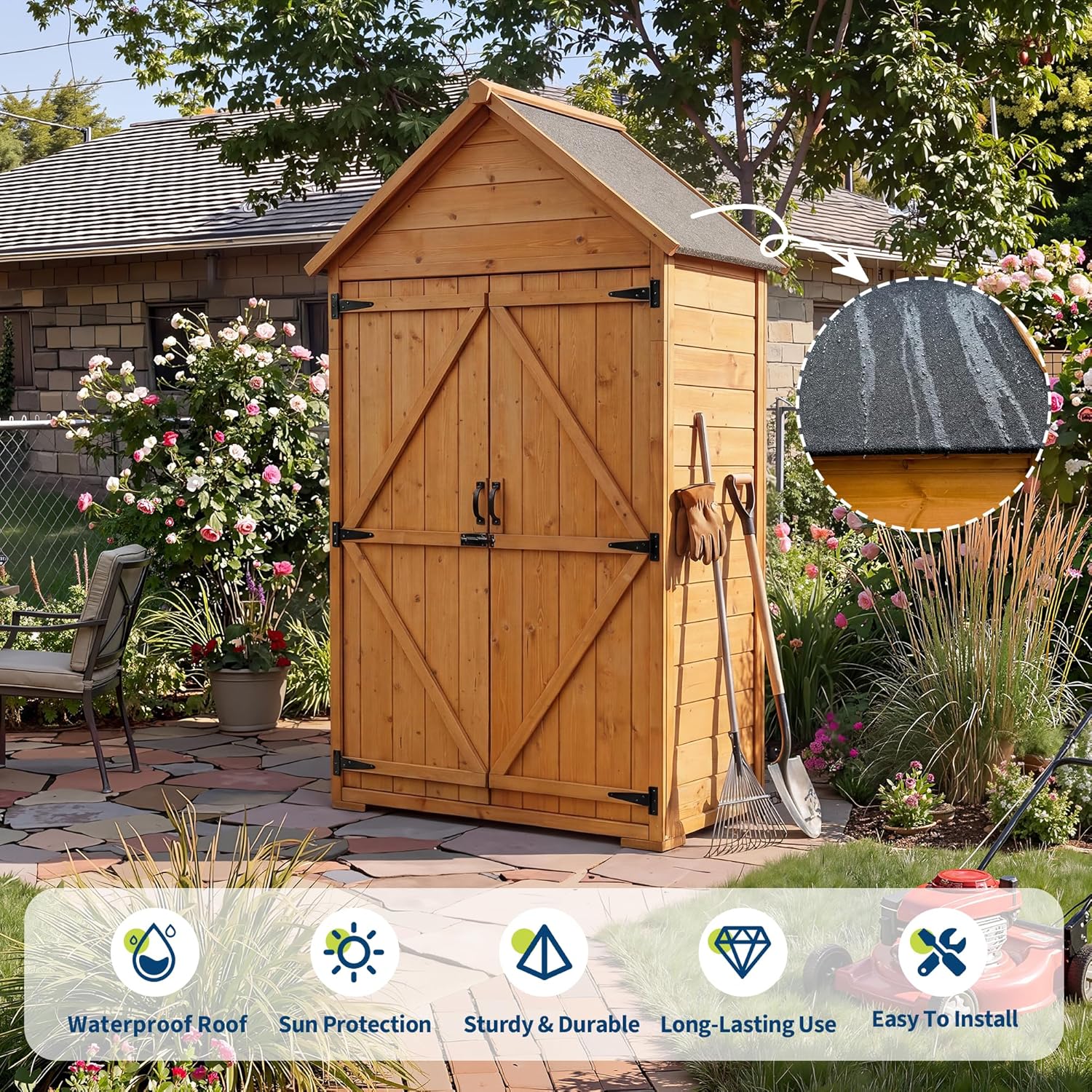 Wooden Outdoor Storage Cabinet with 3 Shelves & Floor - Waterproof Lockable Garden Tool Shed for Patio, Backyard, Deck, Lawn Organization Tall Wood Shed with Floor and Waterproof Roof