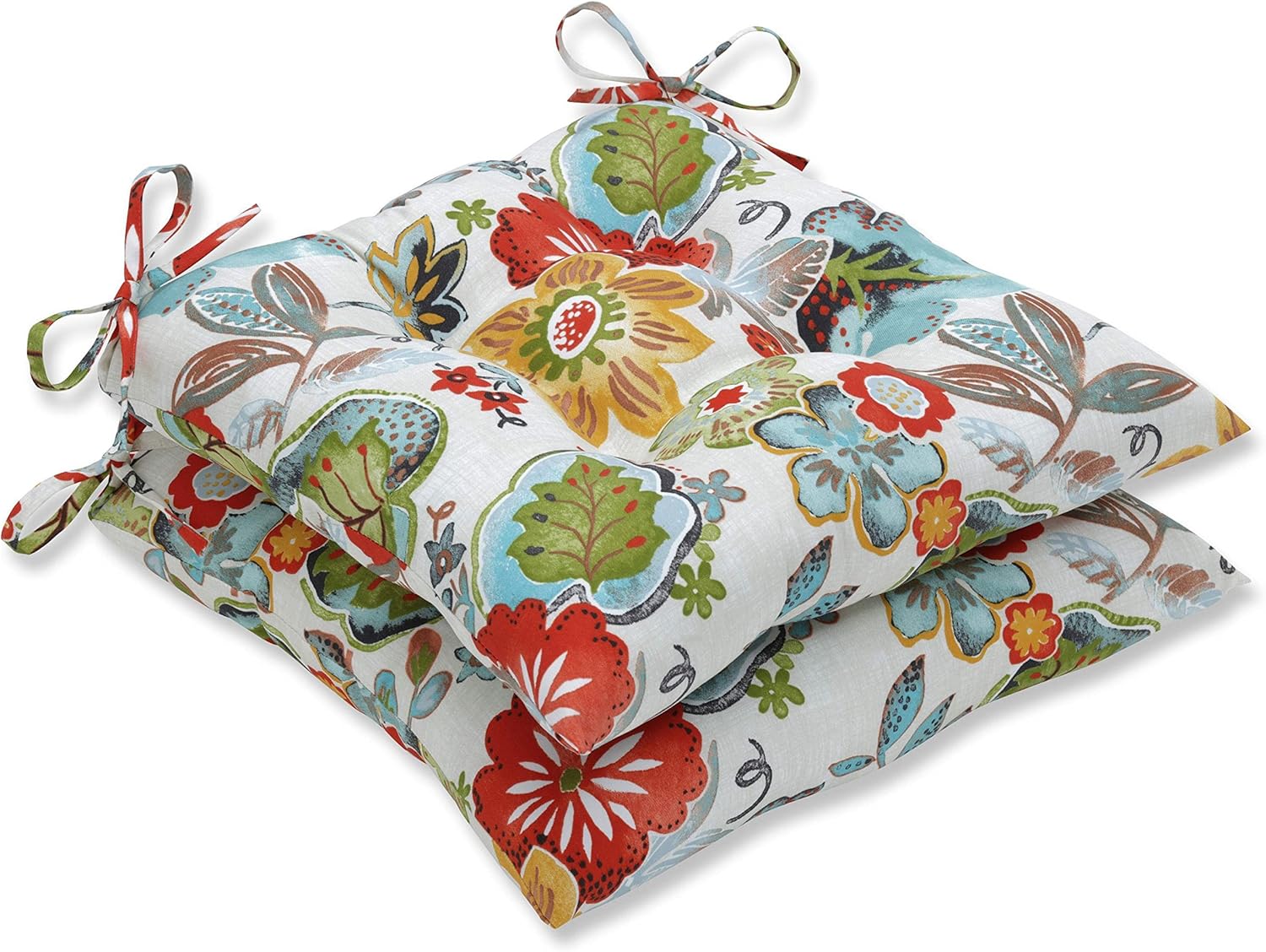 Pillow Perfect Bright Floral Indoor/Outdoor Tufted Wicker Chair Pad With Ties, 2 Count, 18.5" x 19", Gold Risa Lemonade