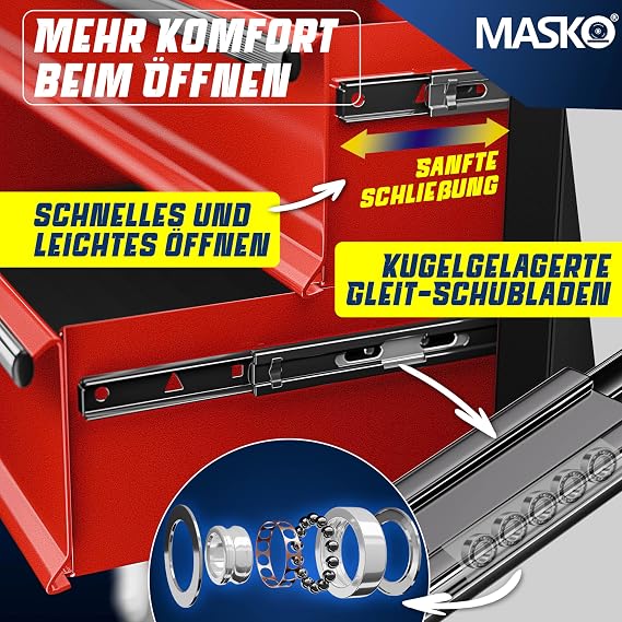 masko ® workshop trolley incl. suitcase – 9 compartments lockable solid metal ¨ mobile tool trolley without tools ¦ professional workshop trolley for tool storage with lock red