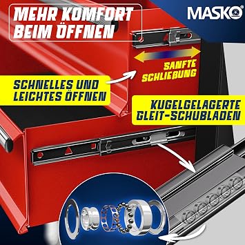 masko ® workshop trolley incl. suitcase – 9 compartments lockable solid metal ¨ mobile tool trolley without tools ¦ professional workshop trolley for tool storage with lock red