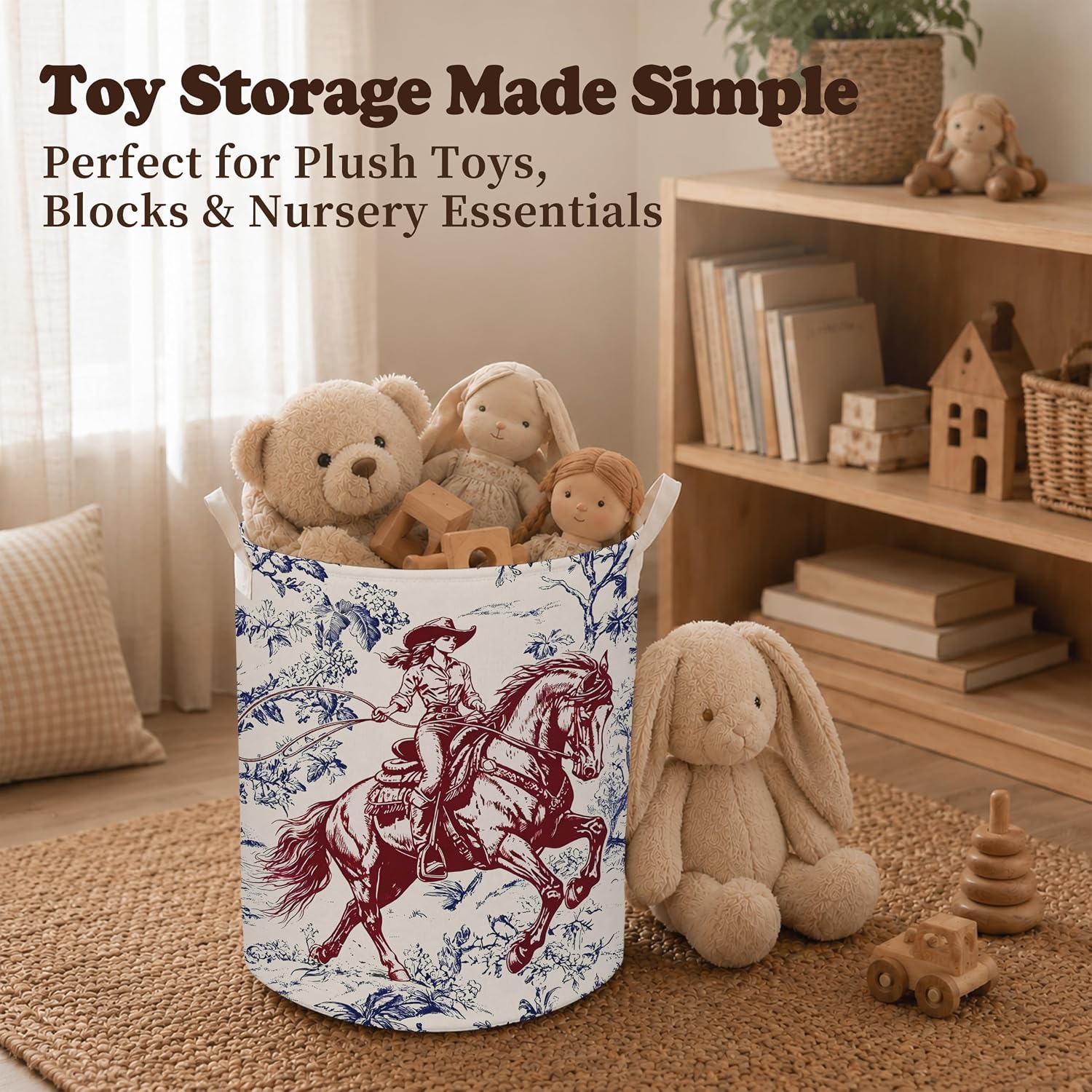 Western Cowgirl Laundry Basket，Blue and Red Cowgirl Horse Laundry Hamper Waterproof Collapsible Clothes Storage Bin Organizer for Farmhouse Bedroom Bathroom Home image 3