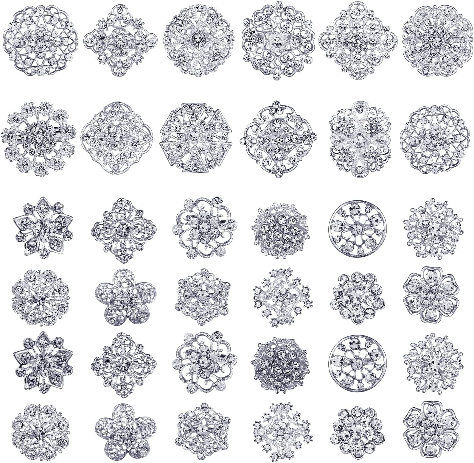 36 Pieces Clear Rhinestone Brooches for Crafts Crystal Flower Brooch Pins with Rhinestones Sliver Bulk Brooches Jewelry for Woman Flower Lapel Badge Pins DIY Wedding Bouquet Broaches Kit