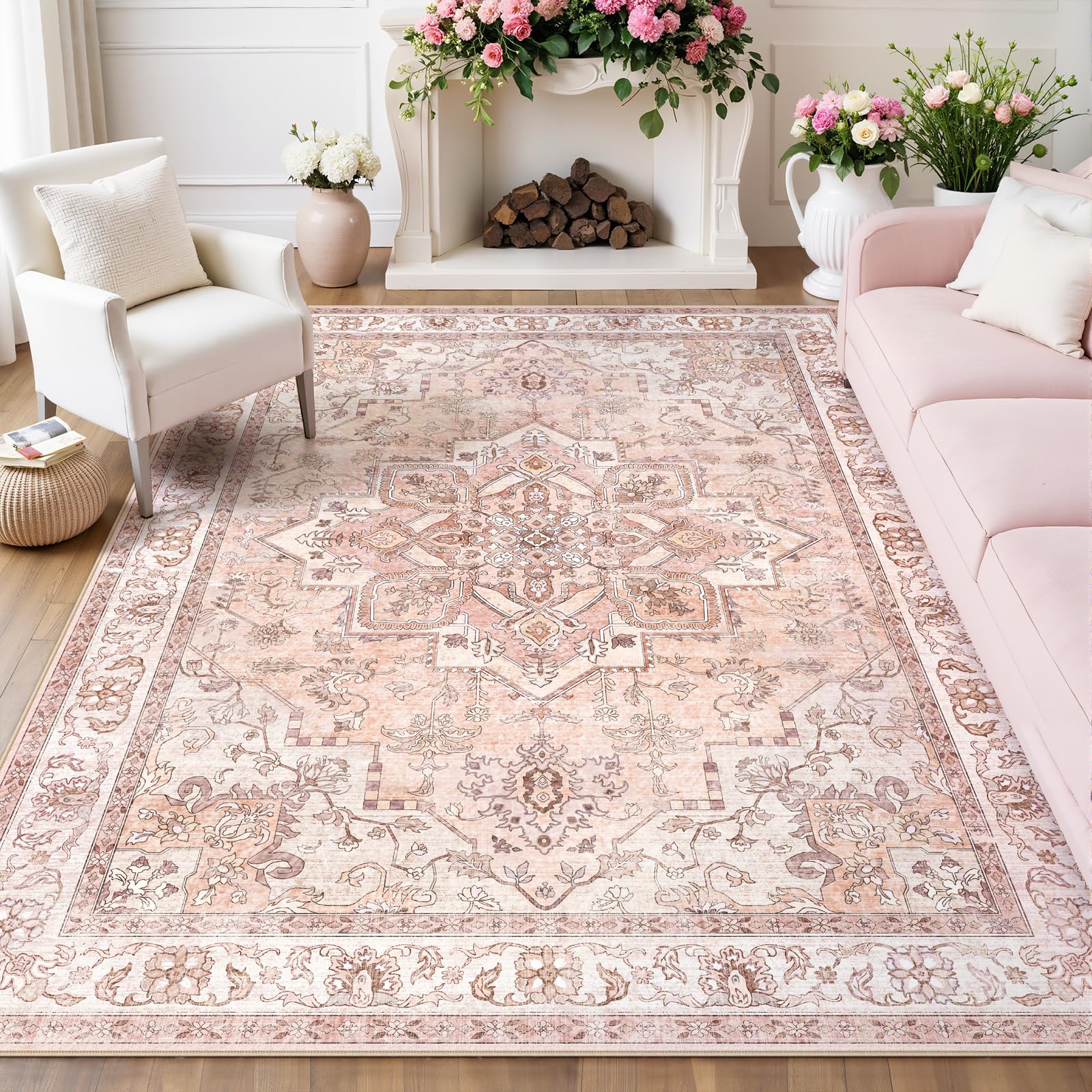Dadasgk Pink Area Rug 5x7 Washable Rugs for Living Room, Vintage Boho Floral Area Rug with Non-Slip Backing, Indoor Low Pile Soft Carpet for Bedroom Nursery Dining Room, Pink