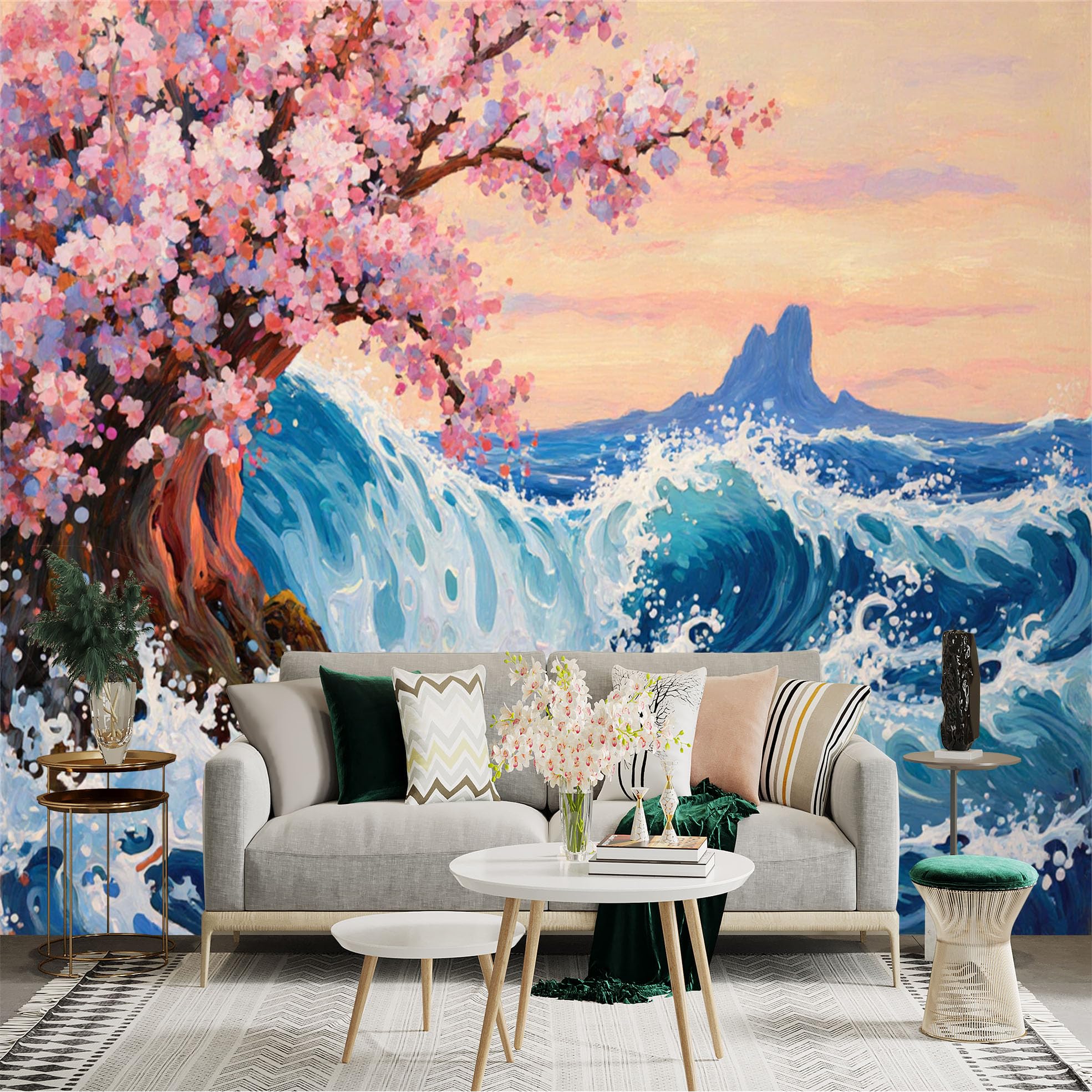 Custom Size Wall Sticker Mural， Cherry Blossom Tree with Ocean Waves and Sunset Sky， for wall Decoration， peelandstick wall Decals.
