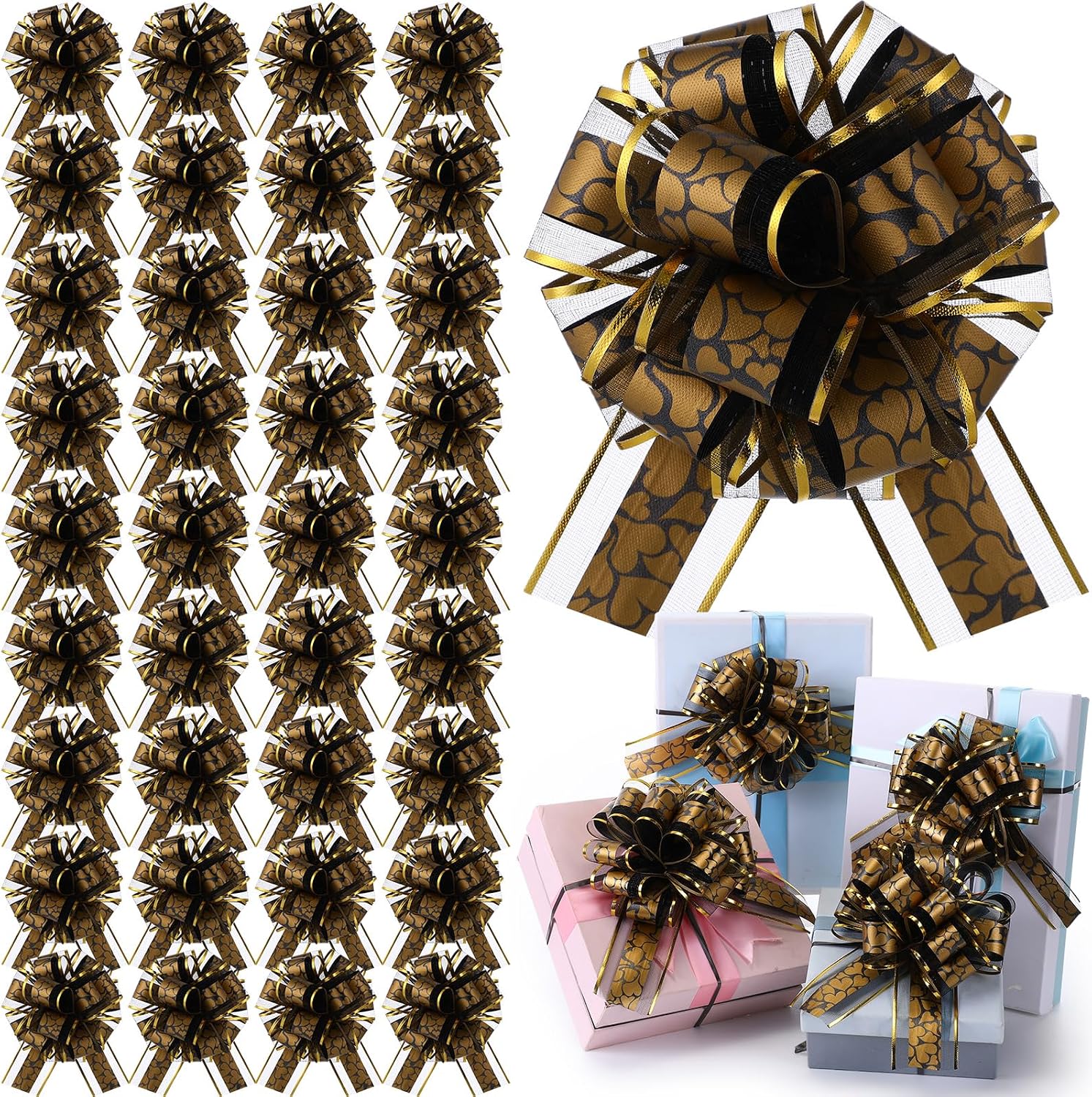 Poen 36 Pcs Mother's Day Pull Bows for Gift Wrapping, 6 Inch Large Heart Ribbon Bows for Mother's Day Gifts Baskets, Flower Bouquets, Wedding, Birthday Party Decoration(Black)