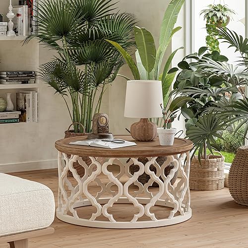 Miniatura 5 de COZAYH Mesa de centro de granja, mesa superior de bandeja envejecida con base de marco de motivo curvado para bohemio, rústico, decoración de campo