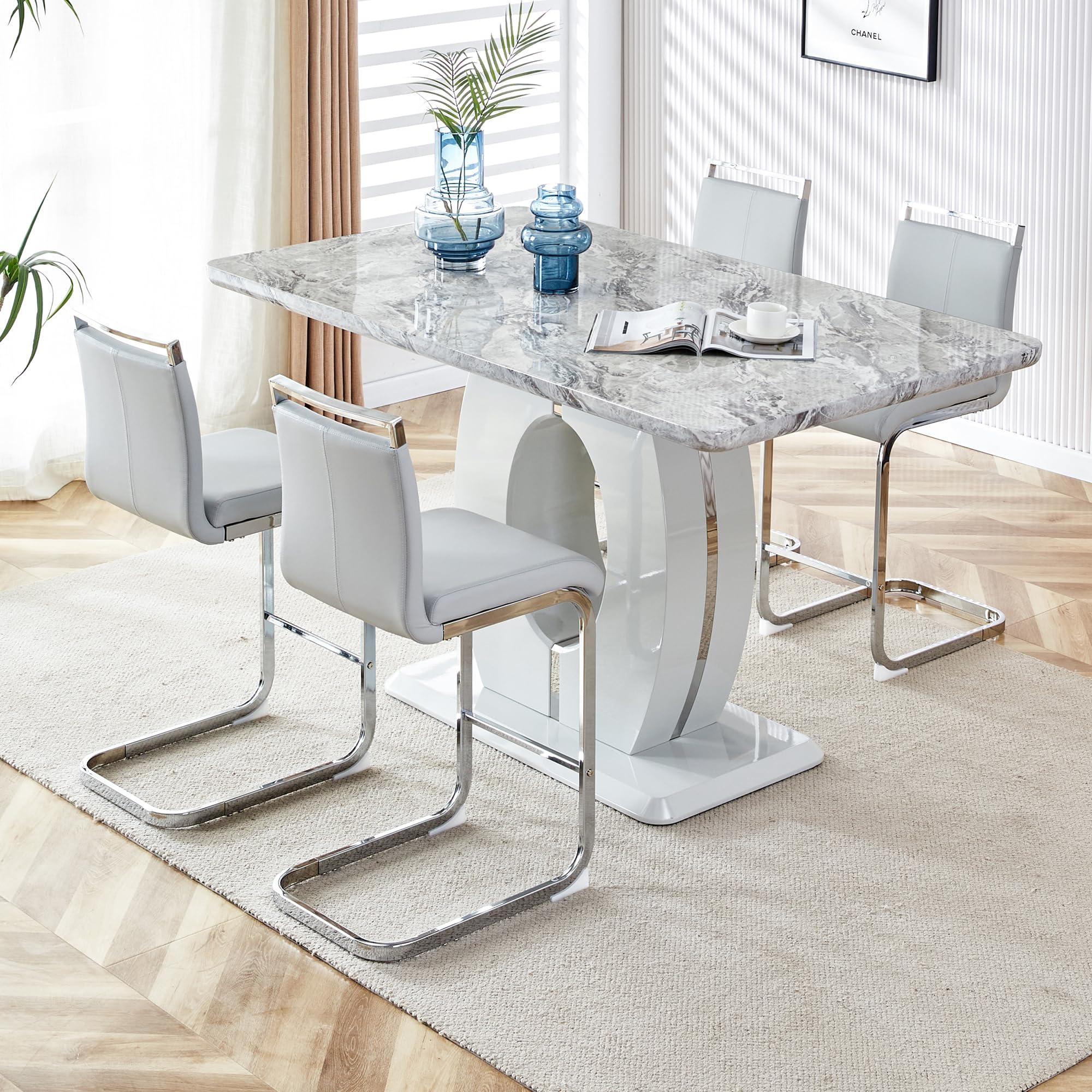 LUFTUT 5 Piece Marble Dining Table Set for 4,Counter Height Dining Table Set,63" Dining Room Table with 4 Light Grey Leather Barstools,Bar Height