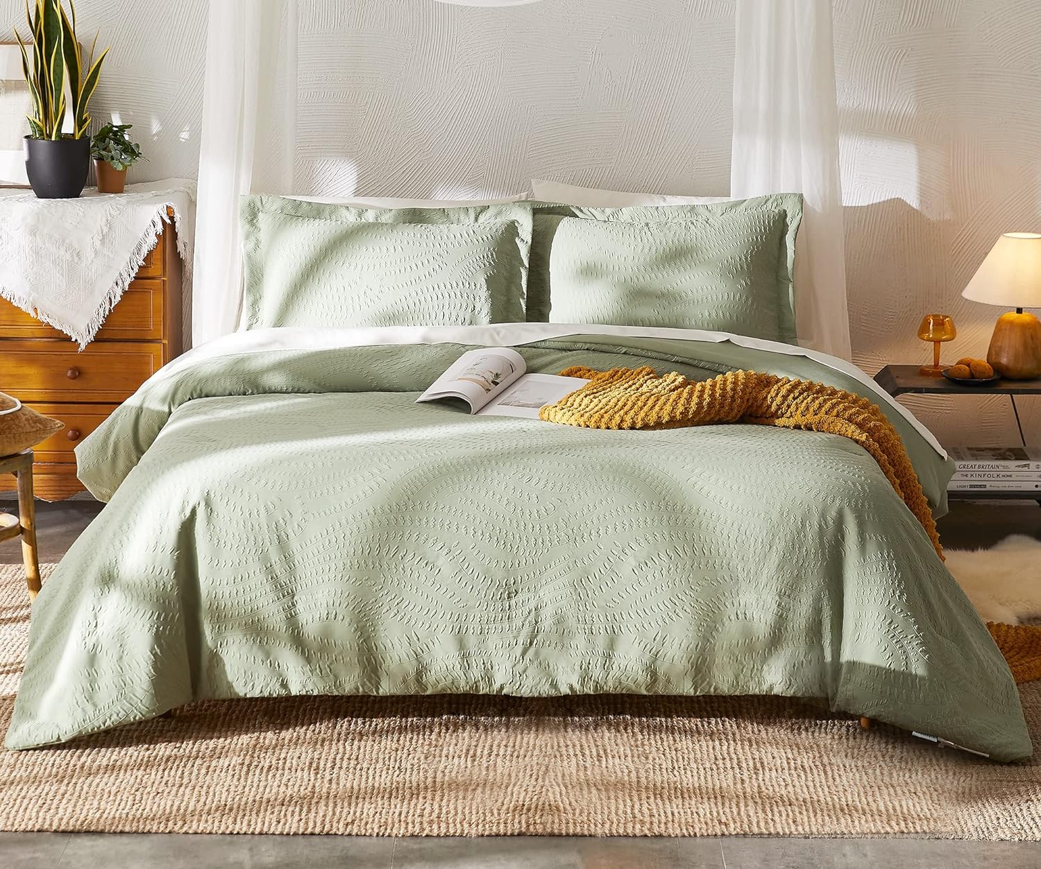 Geniospin Queen Comforter Set, Bed in a Bag Sage Green 7-Pieces, Botanical Pattern, All Season Comfortable Seersucker Bedding with Comforter, Sheets, Pillowcase & Shams (Queen, 90"x90")