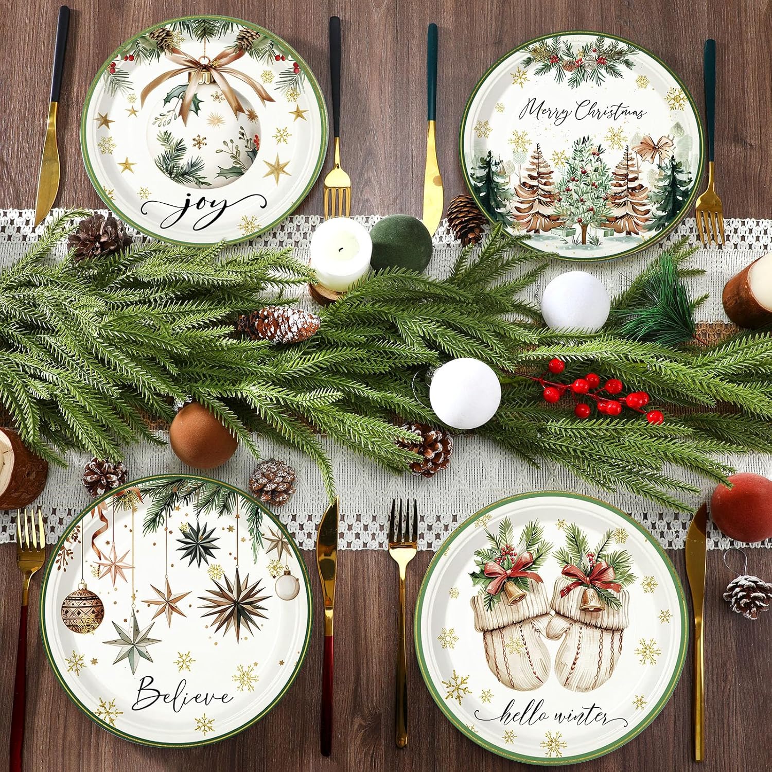 100 Pcs Christmas Paper Plates Disposable 9 Inch with Green and White Christmas Tree Gloves Bell Ball Moravian Stars Dinner Round Plates for Xmas Holiday Birthday Party Table Decor