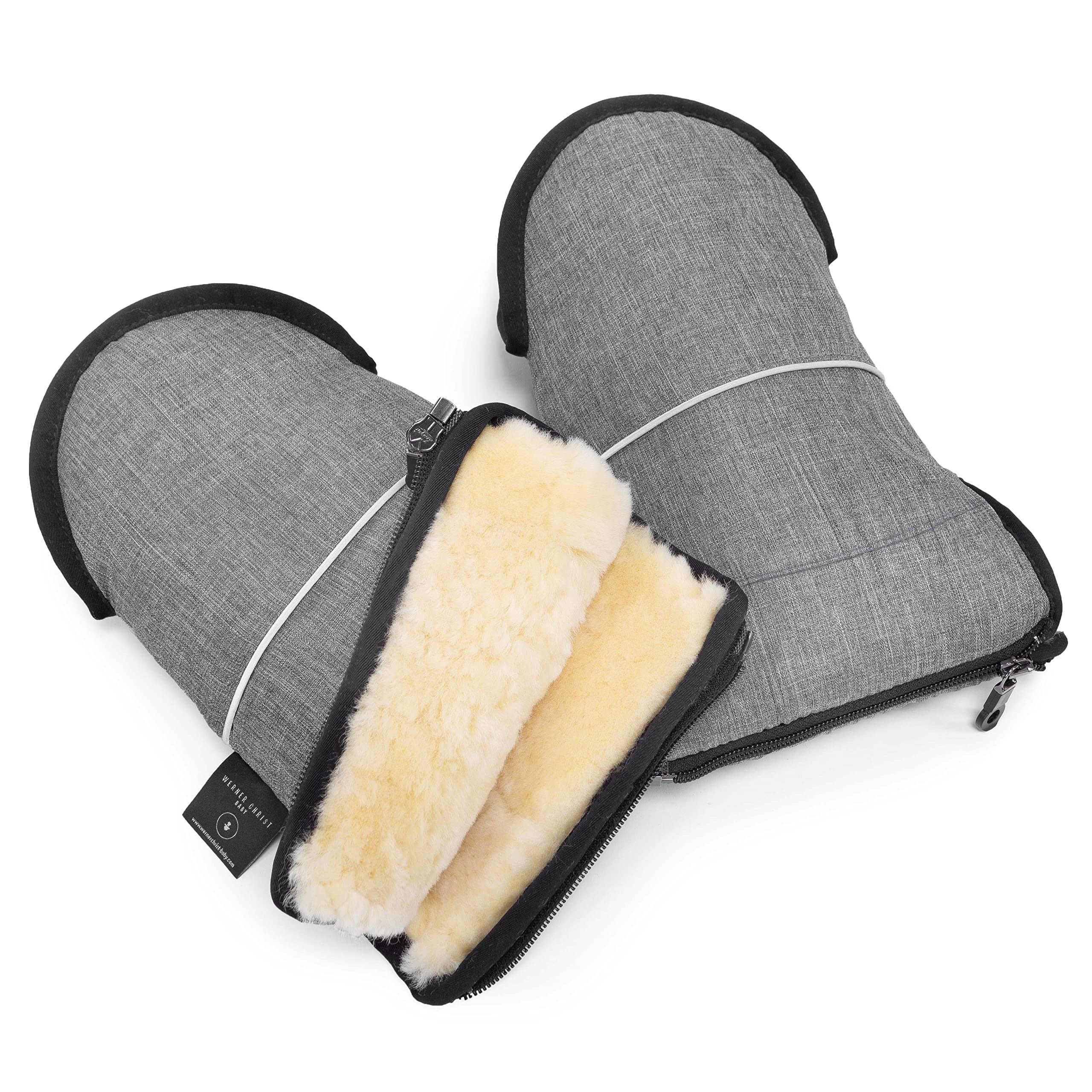 Warner Christ Baby - Calentador de manos de piel de cordero – Los guantes GLOVY son el manguito ideal para cochecito de bebé de piel médica, cálido universal e impermeable, en grigio (gris claro)