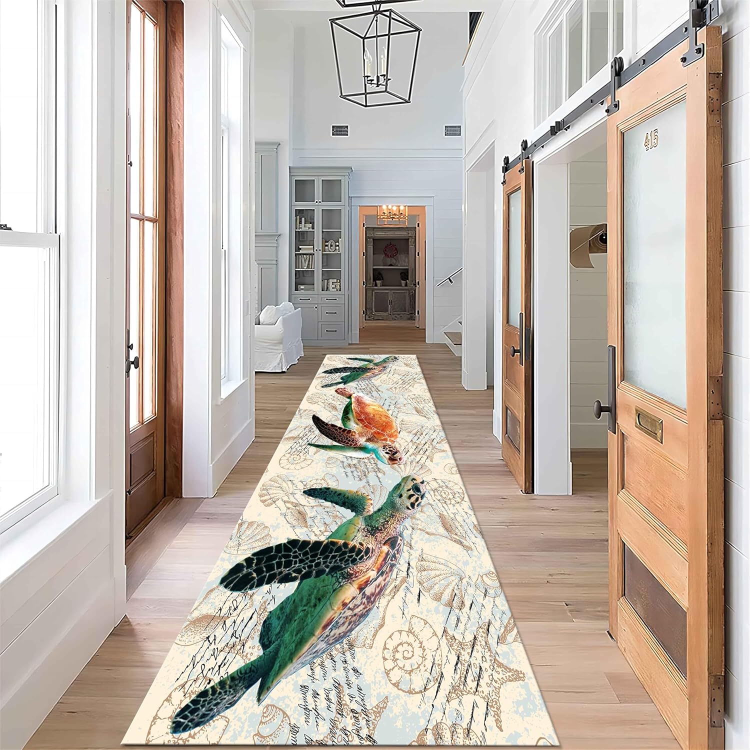 Puyosvrv Retro Sea Turtle Long Hallway Rug,2x7ft,Beach Theme Starfish Shell Conch Pattern Rugs,Marine Animal Area Carpet,Non-Shedding Washable Kitchen Rug for Bedside Living Room