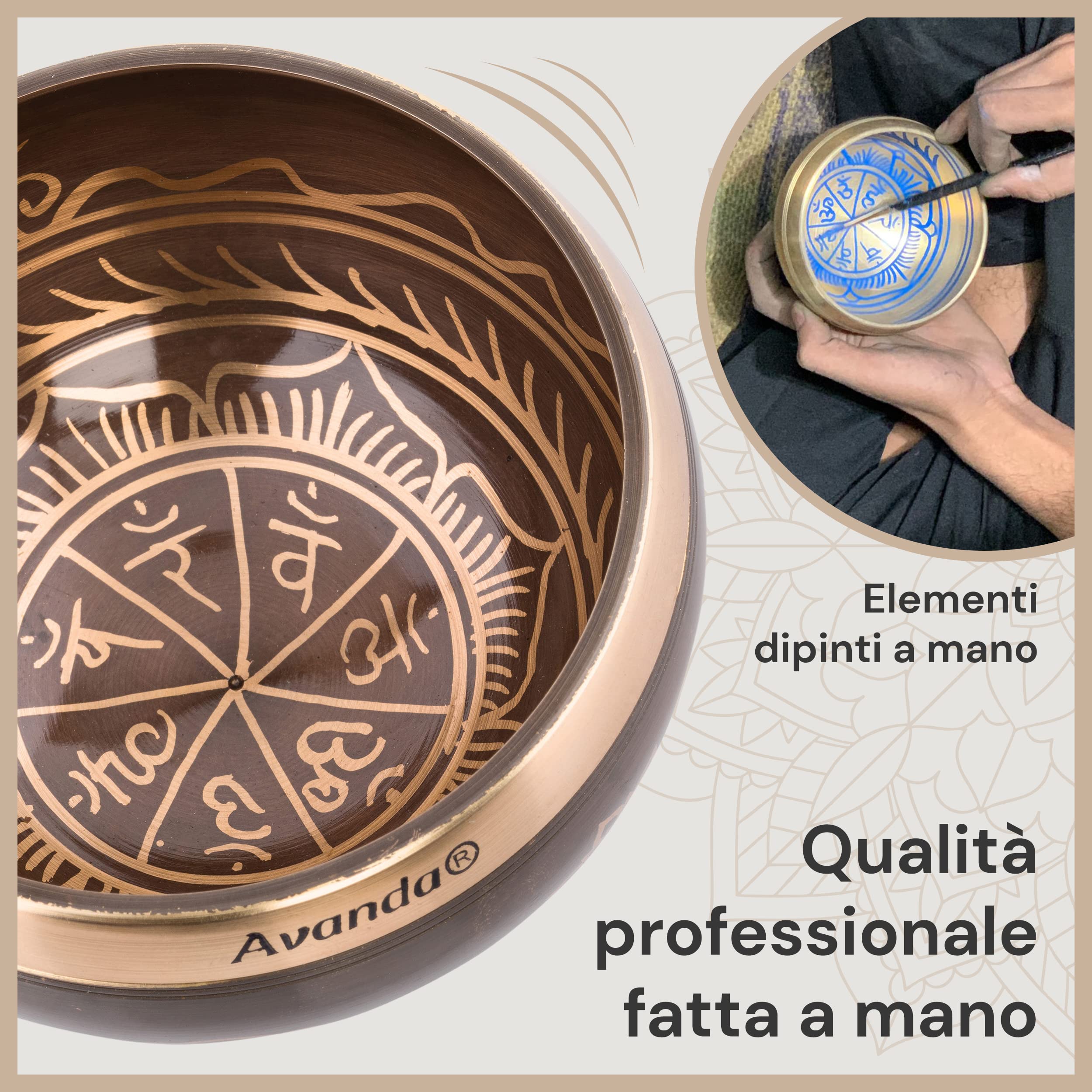 Set Campane Tibetane Chakra per Yoga, Meditazione e Relax - Campana Tibetana Dipinta a Mano Ø 10 cm, Doppio Battitore con Feltro e Pelle, Cuscino per Anelli, Borsa e Istruzioni