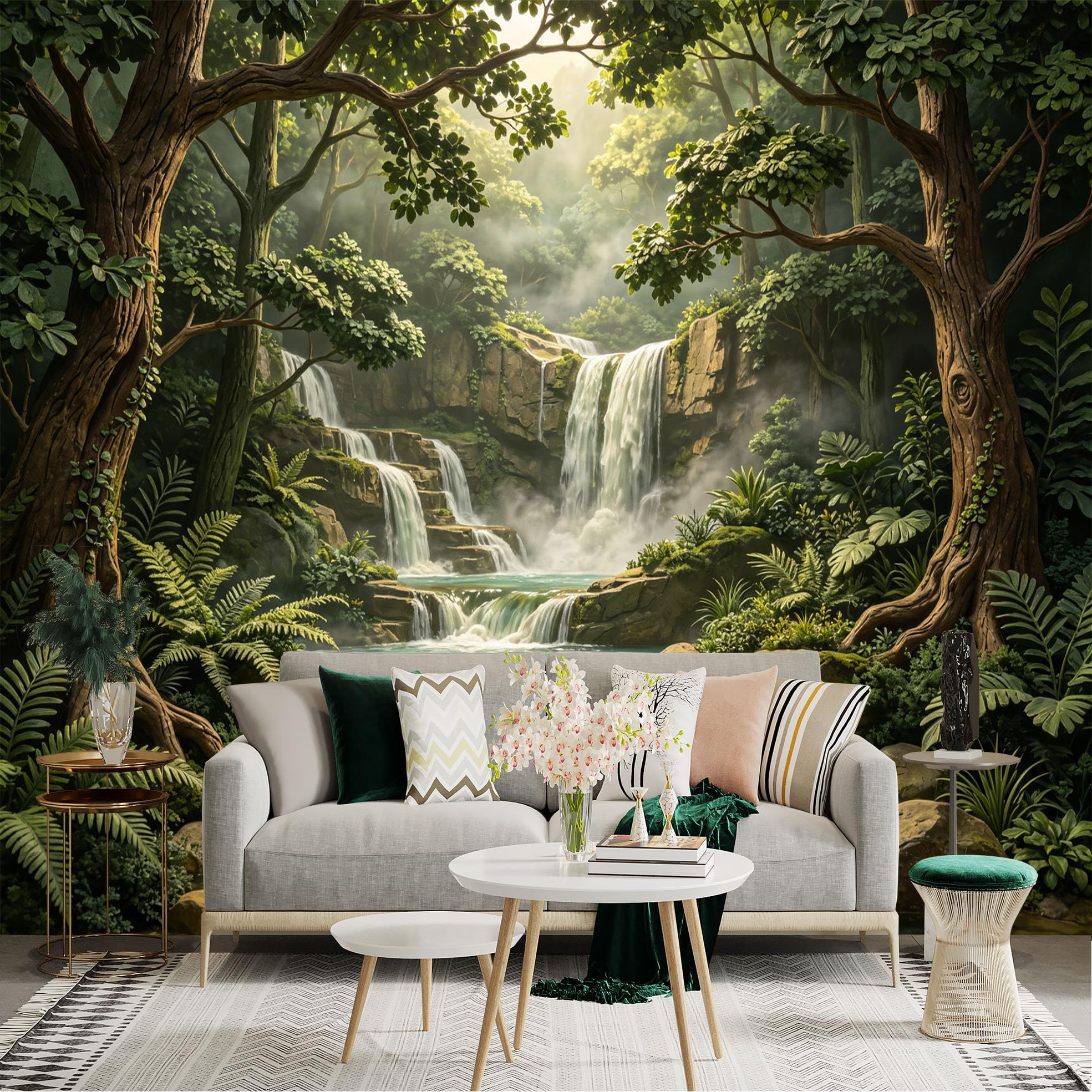 Lnzczhyre Dbh260521912 Custom Size Wall Sticker Mural， Tropical Rainforest Waterfall， Serene Misty Nature Landscape， Lush Green Foliage， For Wall Decoration， Peelandstick Wall Decals.